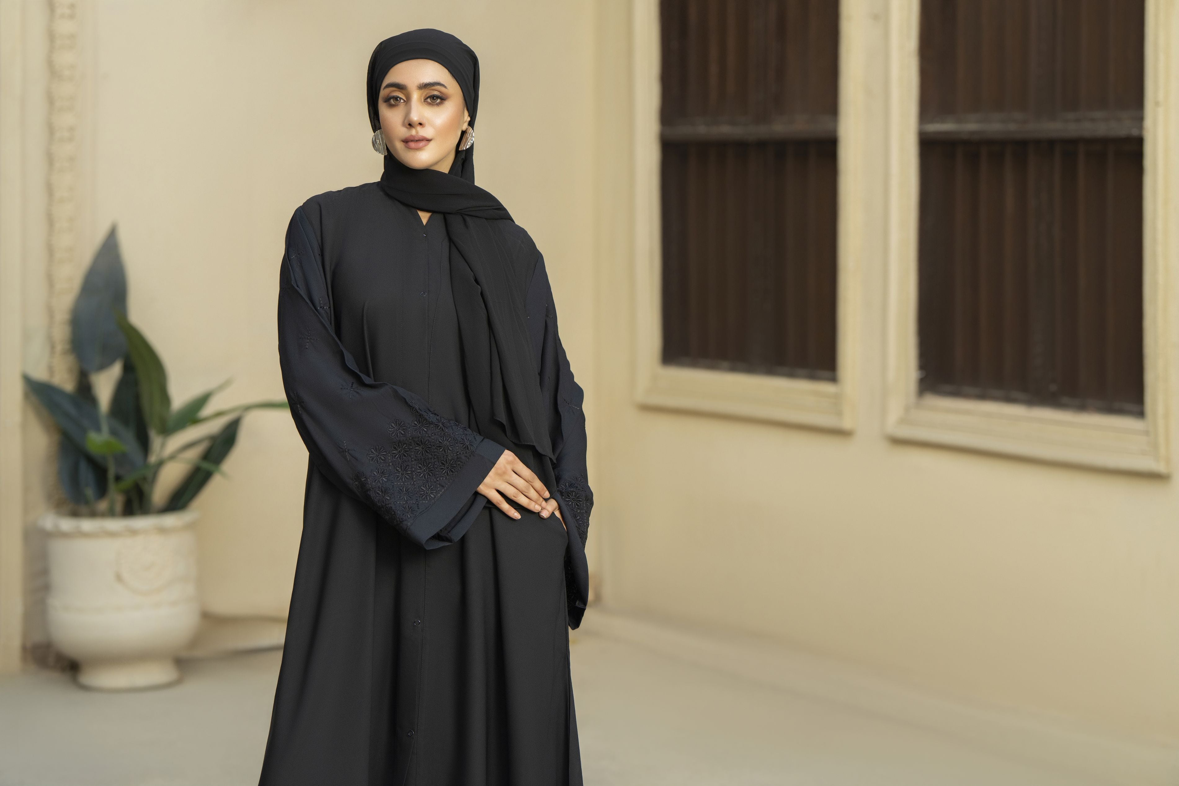 Black Tone-on-Tone Embroidered Georgette Abaya – Zaina Luxe Drapes Collection ZLD3