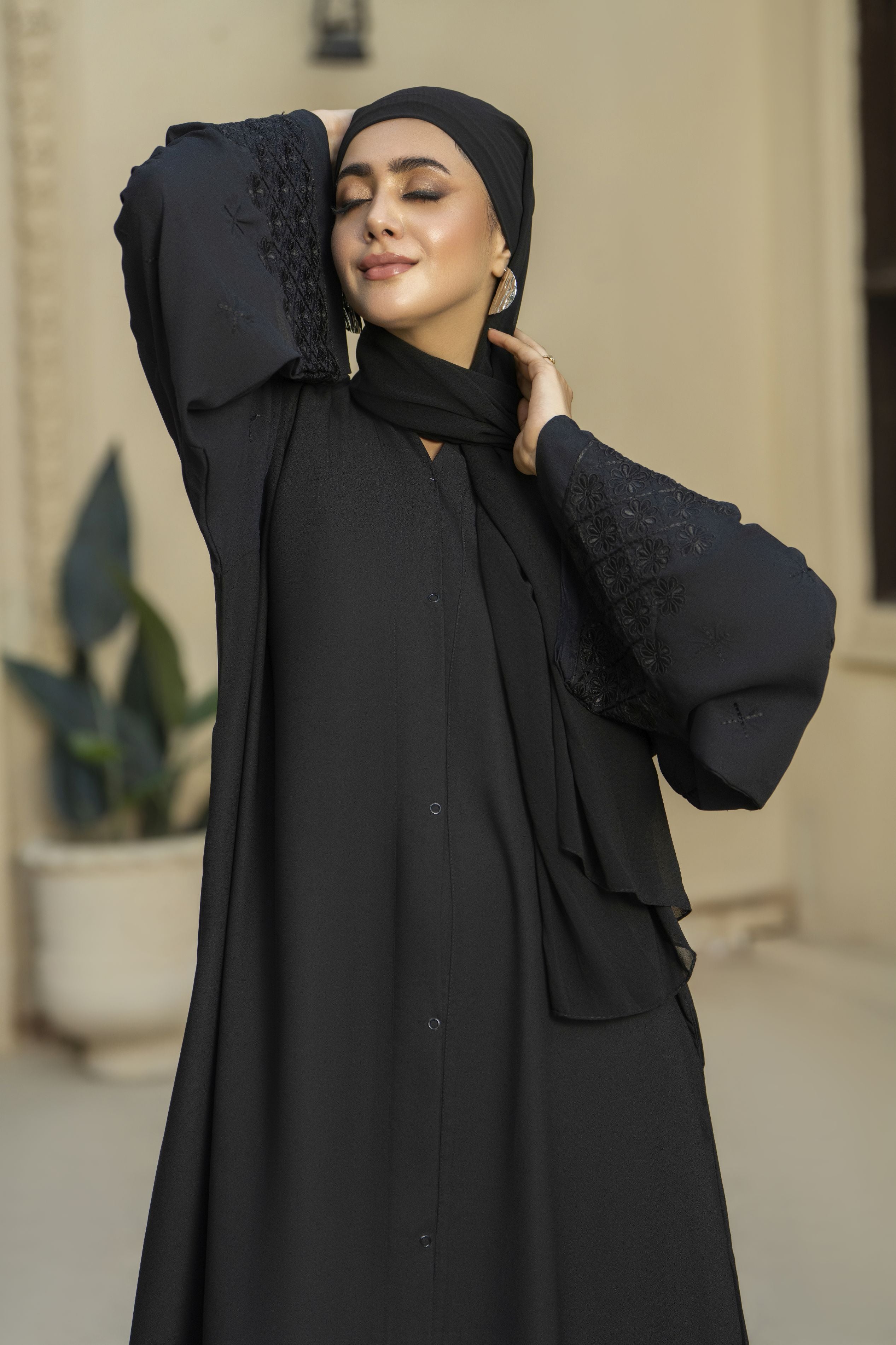 Black Tone-on-Tone Embroidered Georgette Abaya – Zaina Luxe Drapes Collection ZLD3