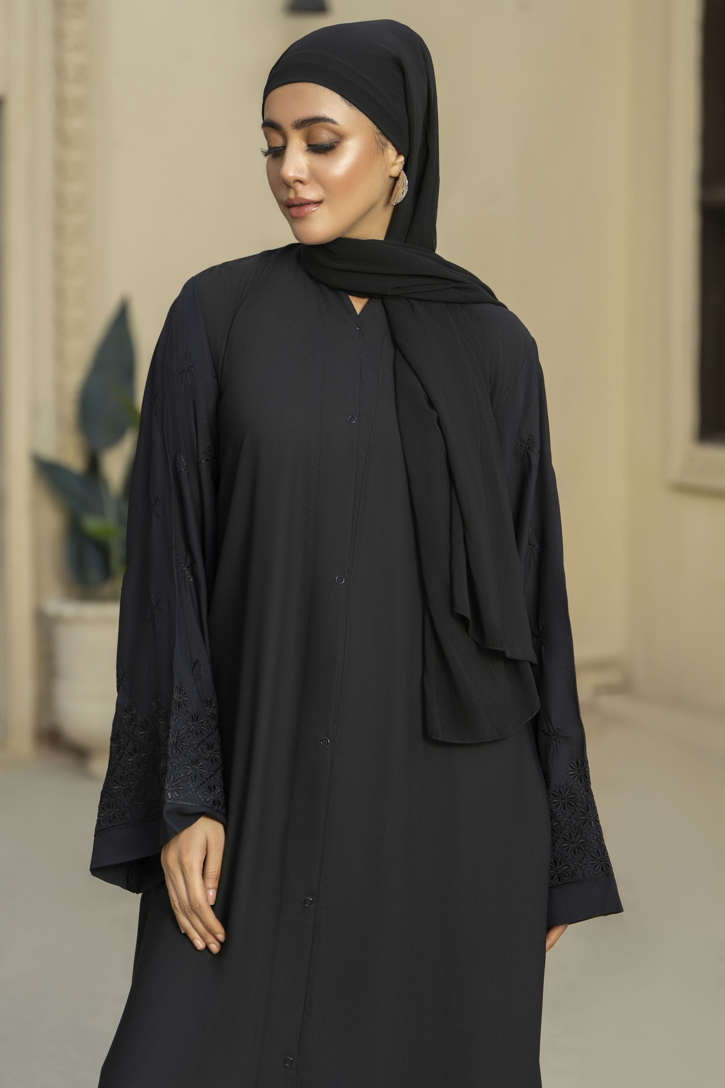 Black Tone-on-Tone Embroidered Georgette Abaya – Zaina Luxe Drapes Collection ZLD3