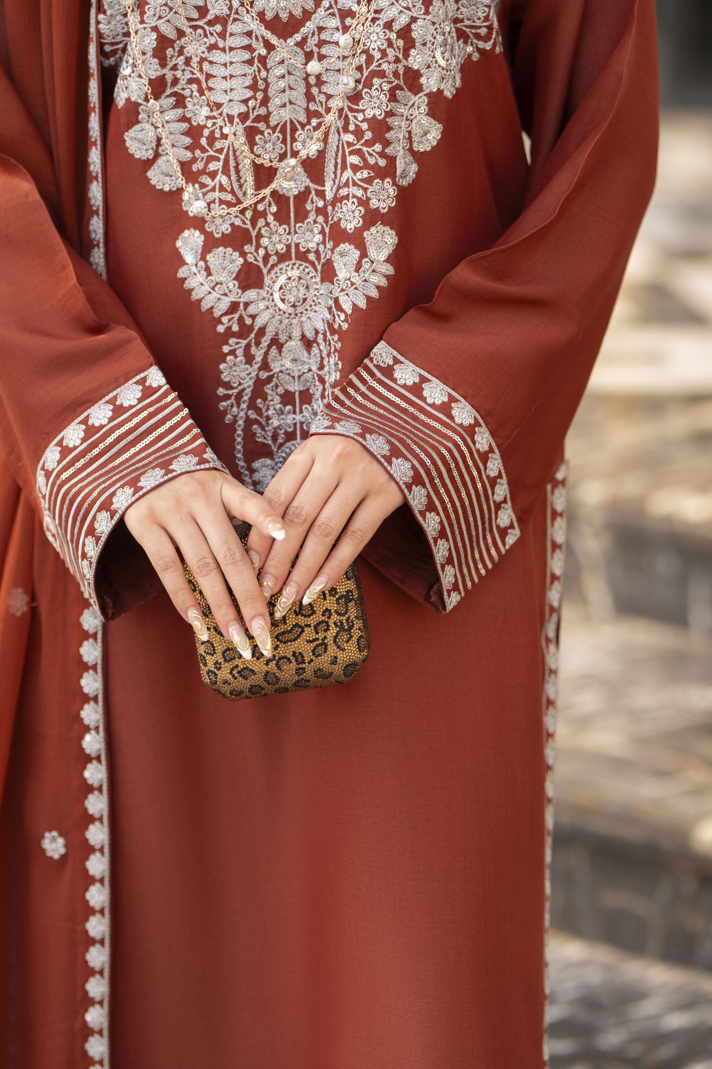 Reshmi RA5 Rust Embroidered 3pc Raw Silk Suit with Chiffon Dupatta