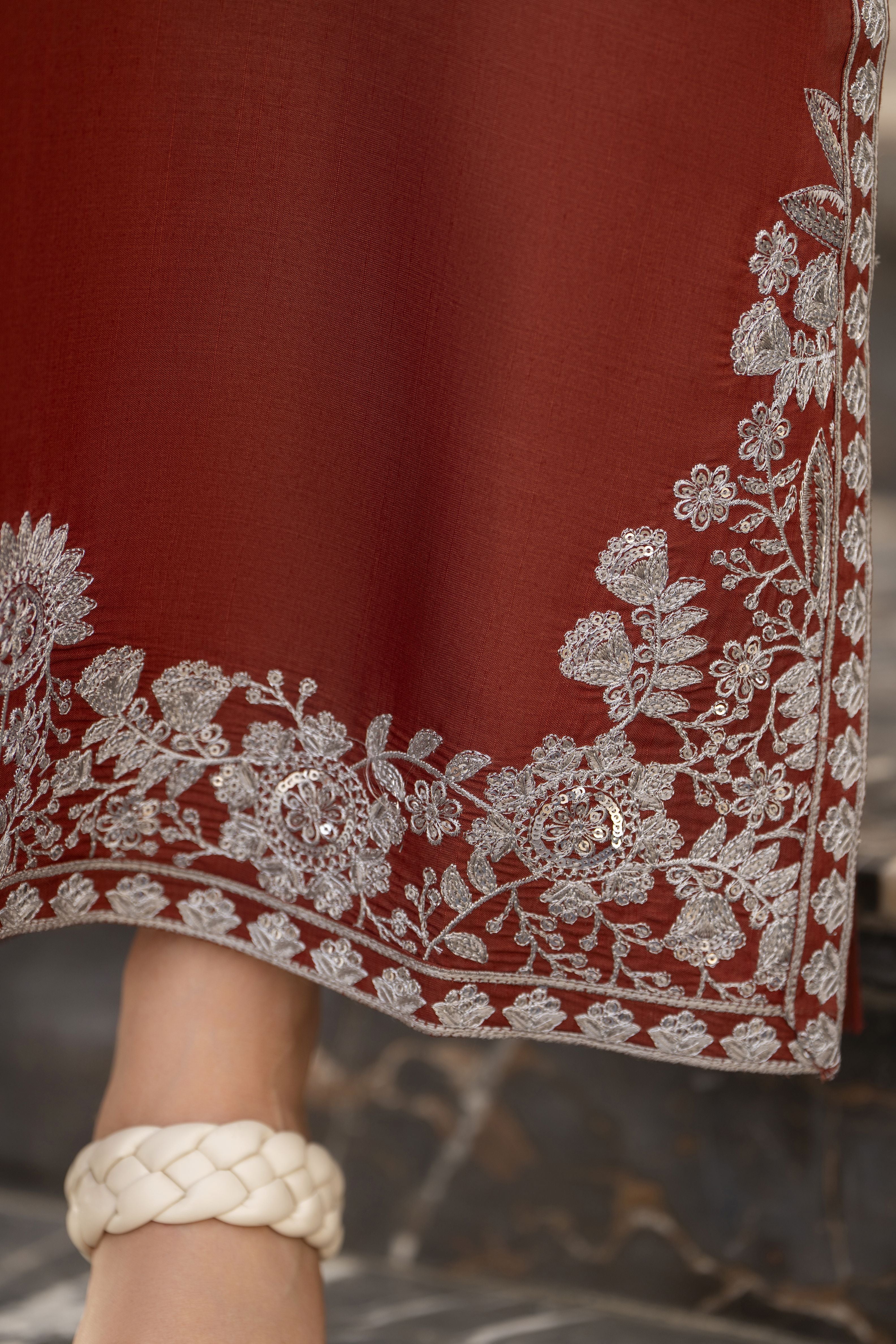 Reshmi RA5 Rust Embroidered 3pc Raw Silk Suit with Chiffon Dupatta