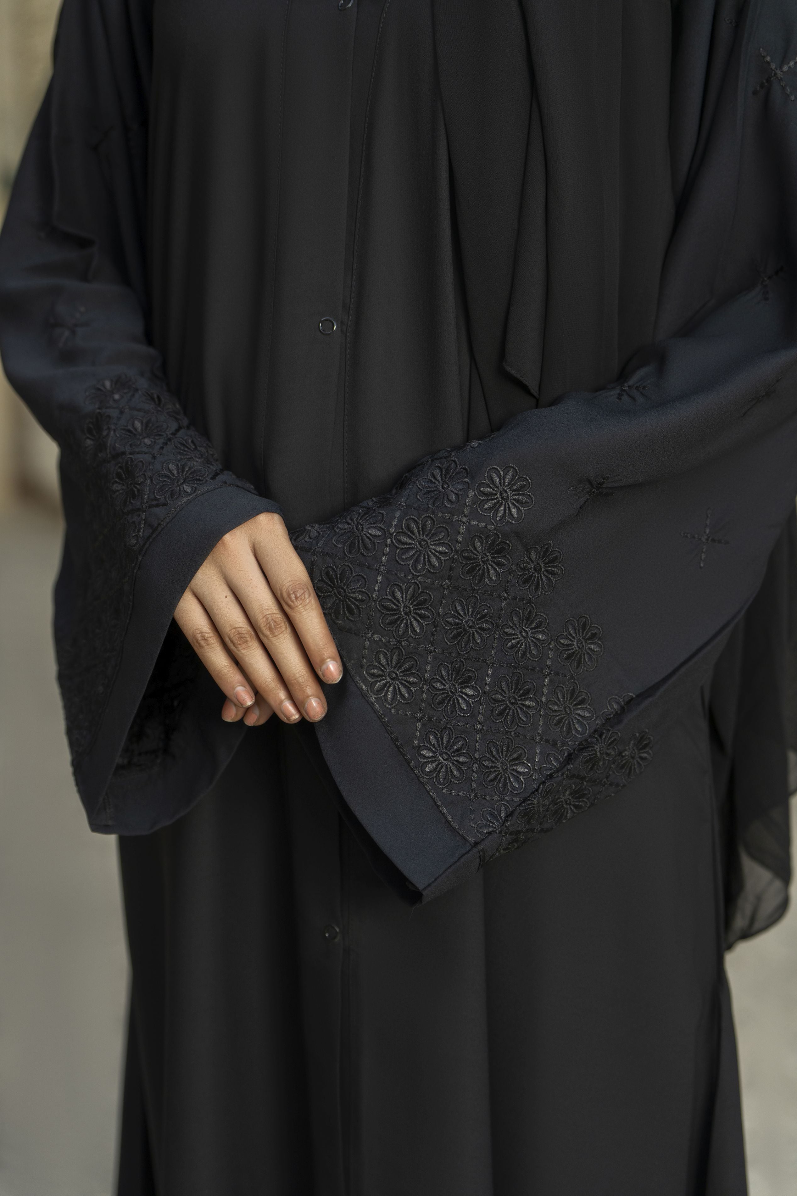 Black Tone-on-Tone Embroidered Georgette Abaya – Zaina Luxe Drapes Collection ZLD3