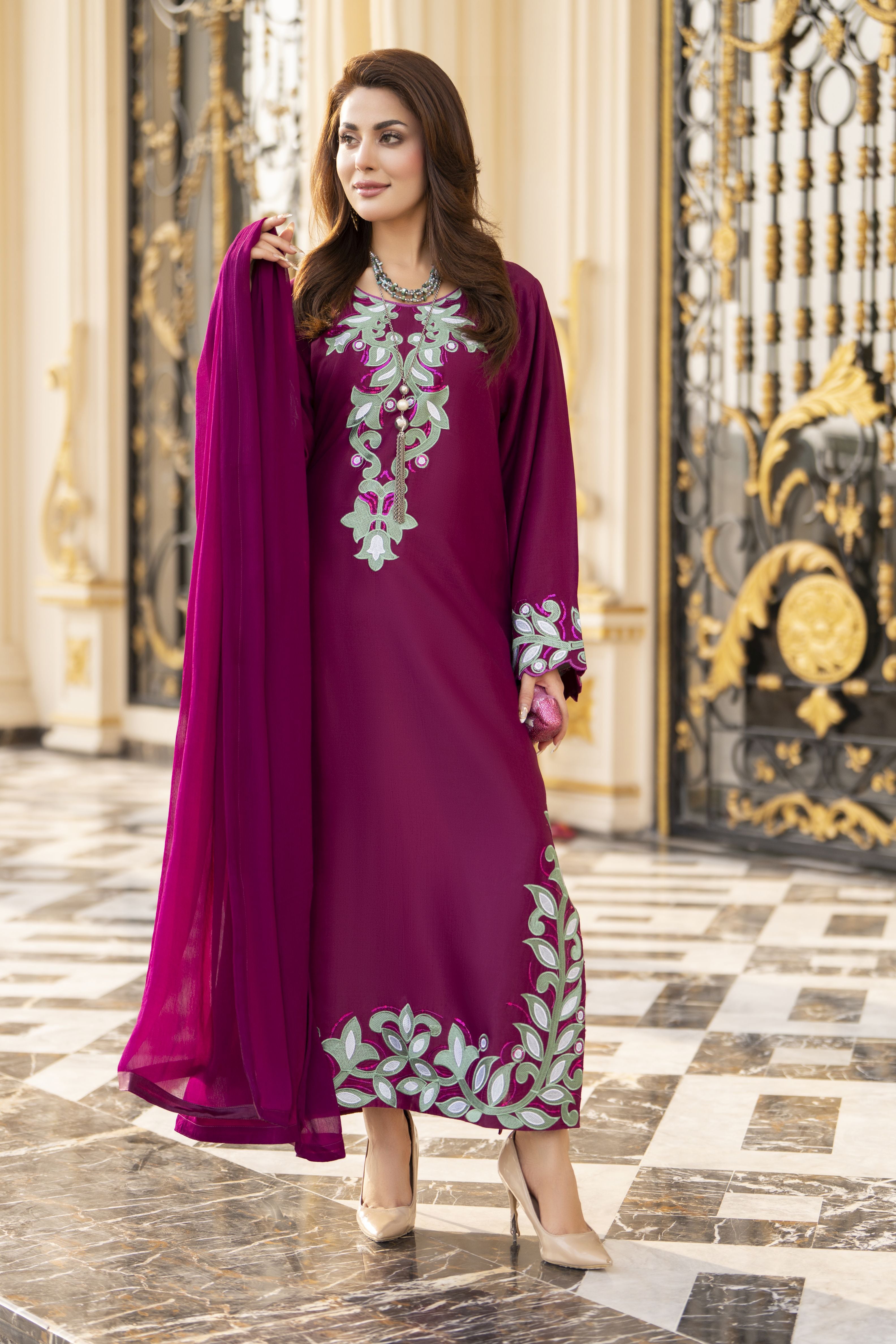 Reshmi RA10 Magenta Embroidered 3pc Raw Silk Suit with Chiffon Dupatta