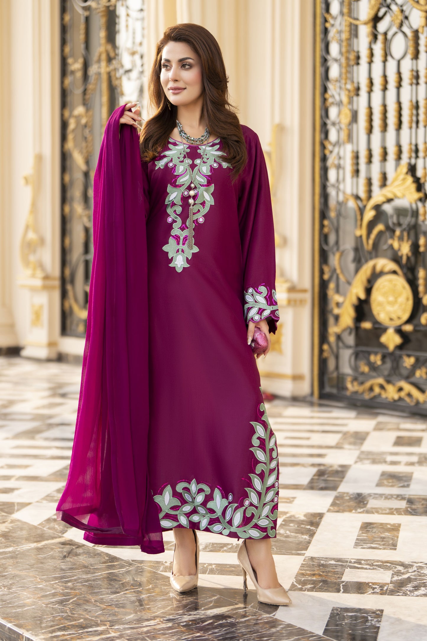 Reshmi RA10 Magenta Embroidered 3pc Raw Silk Suit with Chiffon Dupatta
