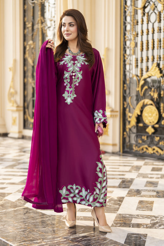 Reshmi RA10 Magenta Embroidered 3pc Raw Silk Suit with Chiffon Dupatta