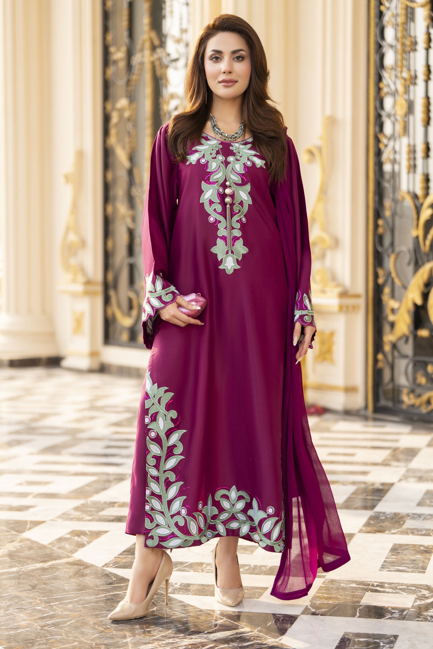 Reshmi RA10 Magenta Embroidered 3pc Raw Silk Suit with Chiffon Dupatta