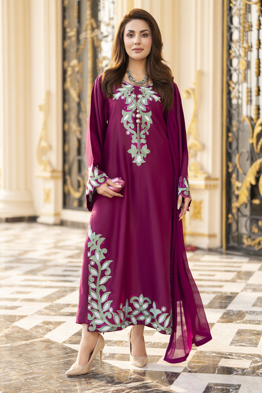 Reshmi RA10 Magenta Embroidered 3pc Raw Silk Suit with Chiffon Dupatta