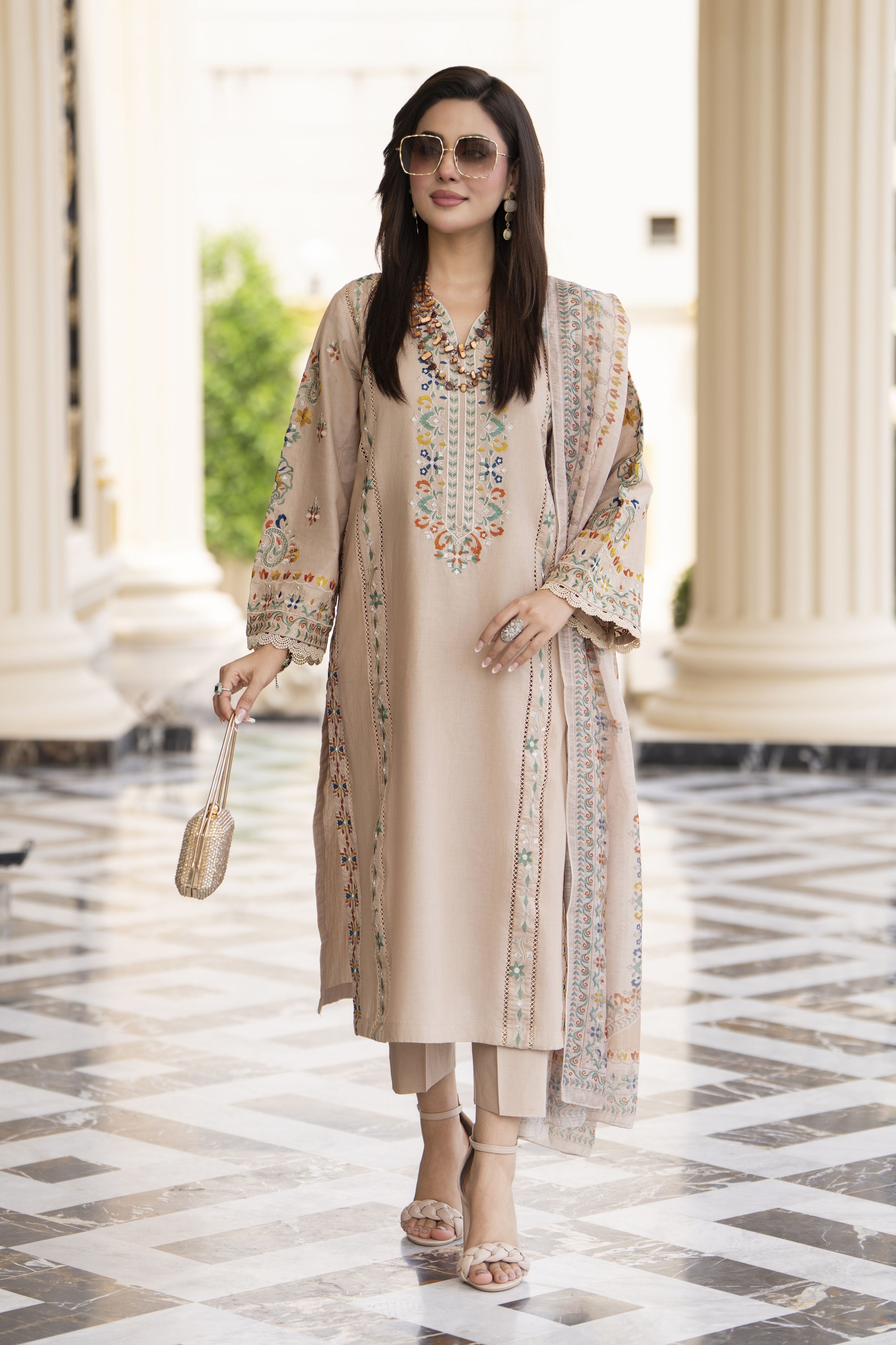 Cotton Canvas by Zaiwa – 3pc Beige Cotton Cutwork Suit CCZ7