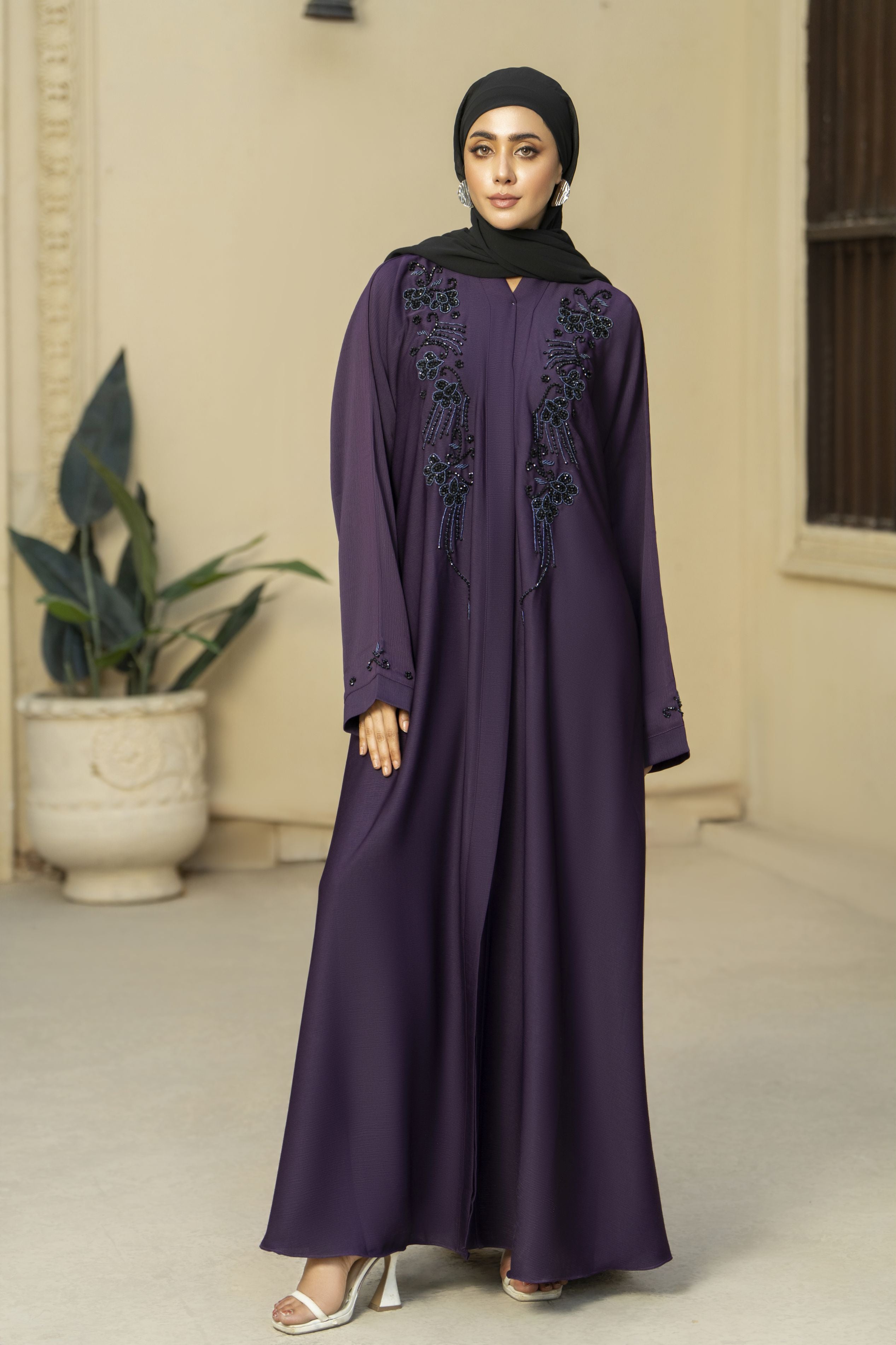 Aubergine Nida Abaya with Black Handwork Embroidery – Zaina Luxe Drapes Collection ZLD12