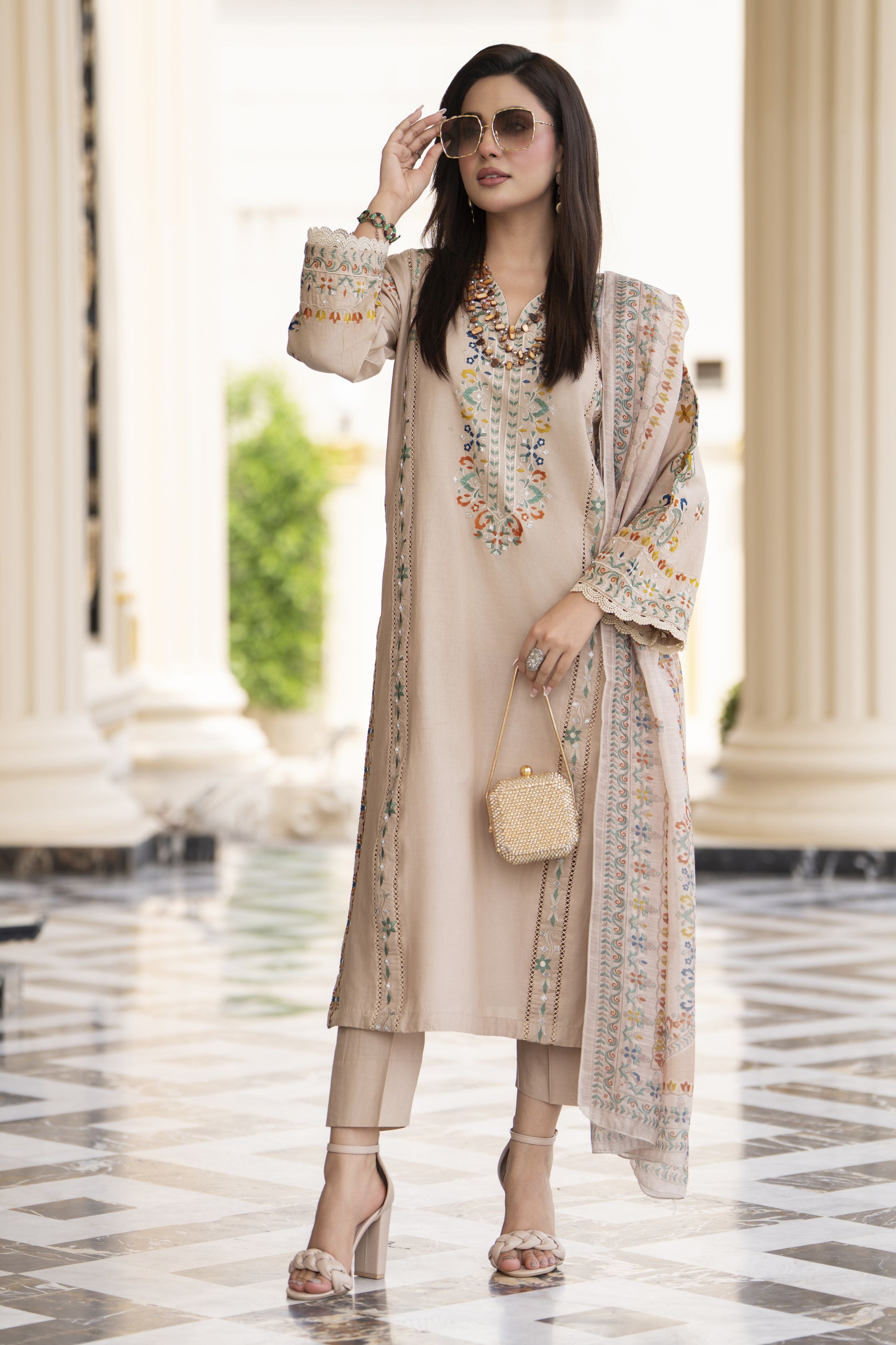 Cotton Canvas by Zaiwa – 3pc Beige Cotton Cutwork Suit CCZ7