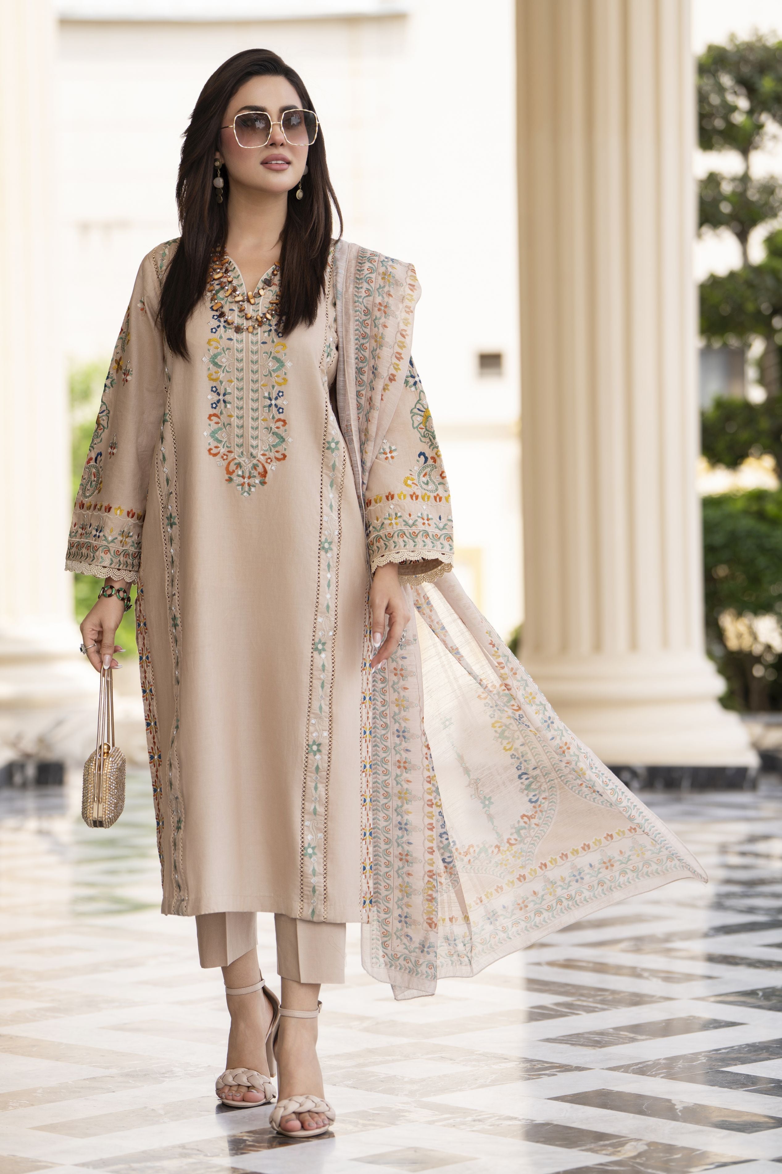 Cotton Canvas by Zaiwa – 3pc Beige Cotton Cutwork Suit CCZ7