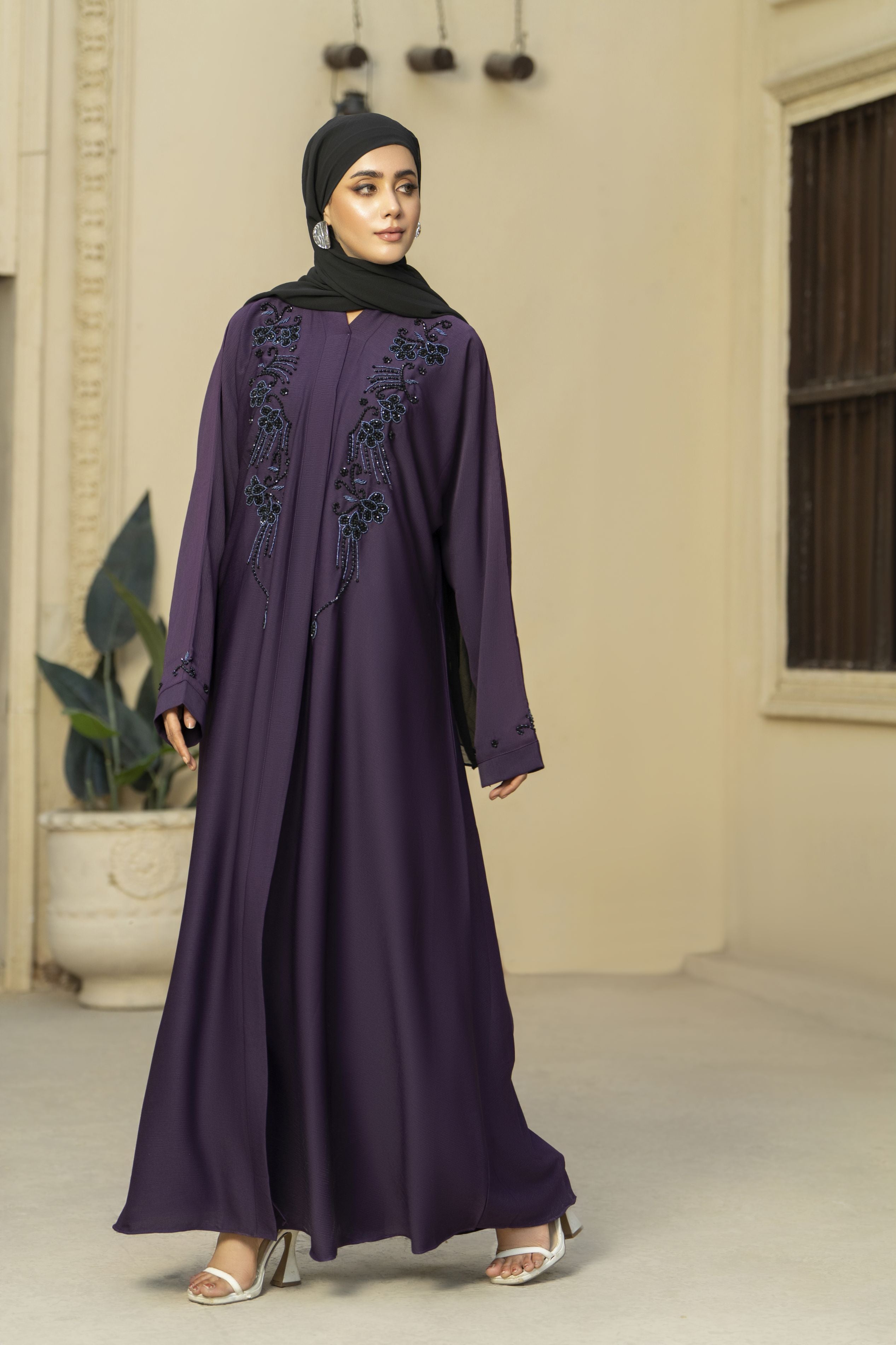 Aubergine Nida Abaya with Black Handwork Embroidery – Zaina Luxe Drapes Collection ZLD12