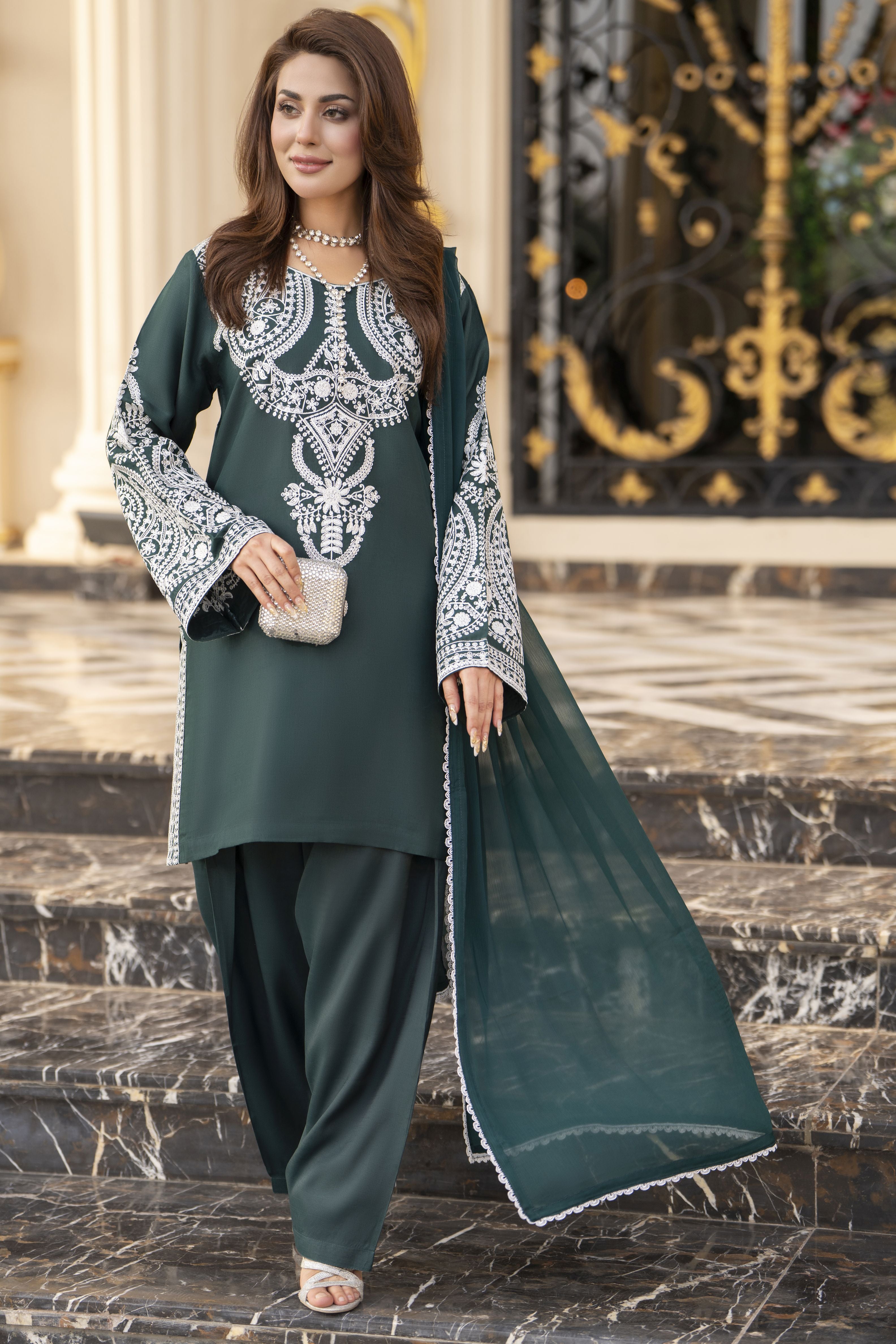 Reshmi RA7 Bottle Green Embroidered 3pc Raw Silk Suit with Shalwar
