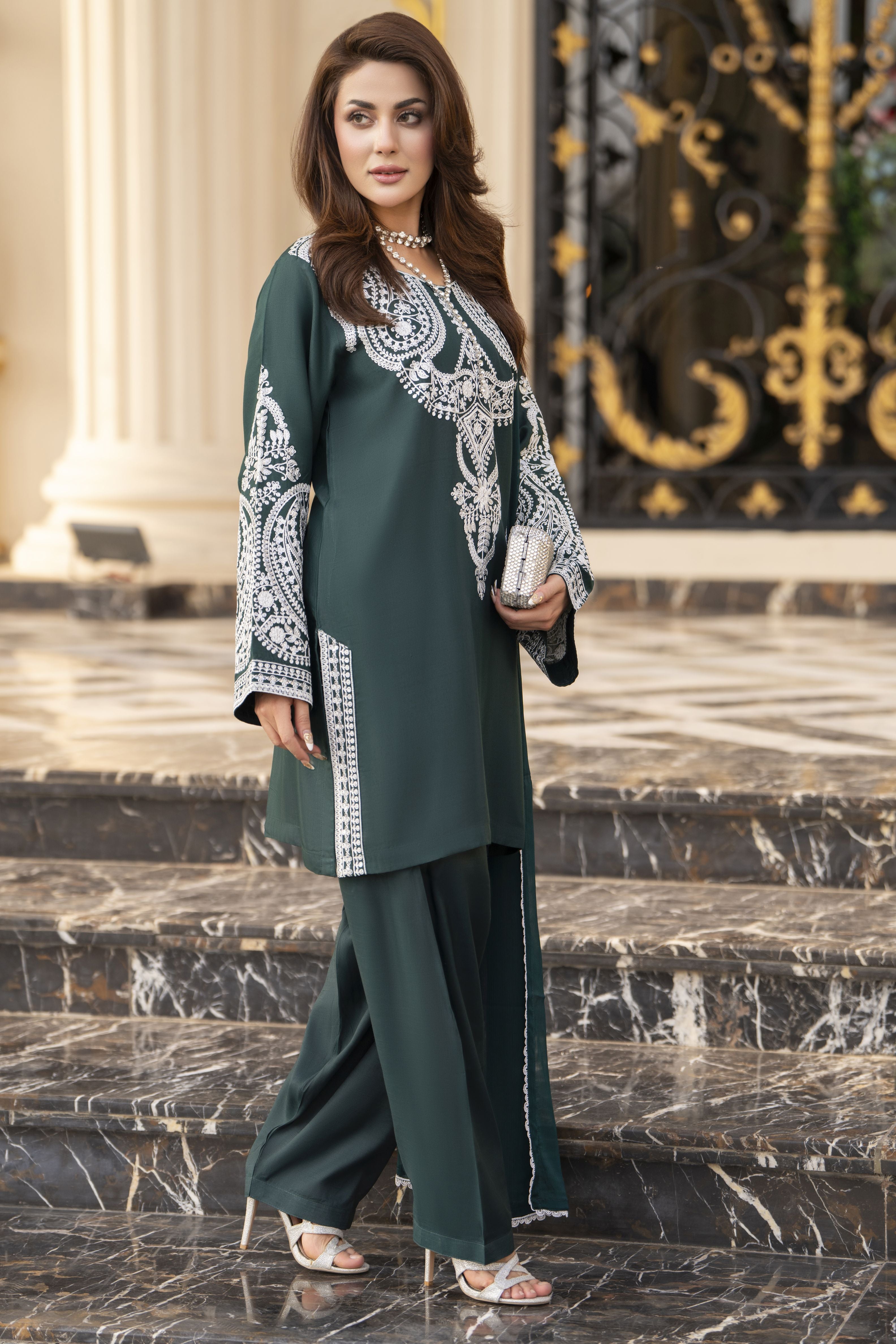 Reshmi RA7 Bottle Green Embroidered 3pc Raw Silk Suit with Shalwar