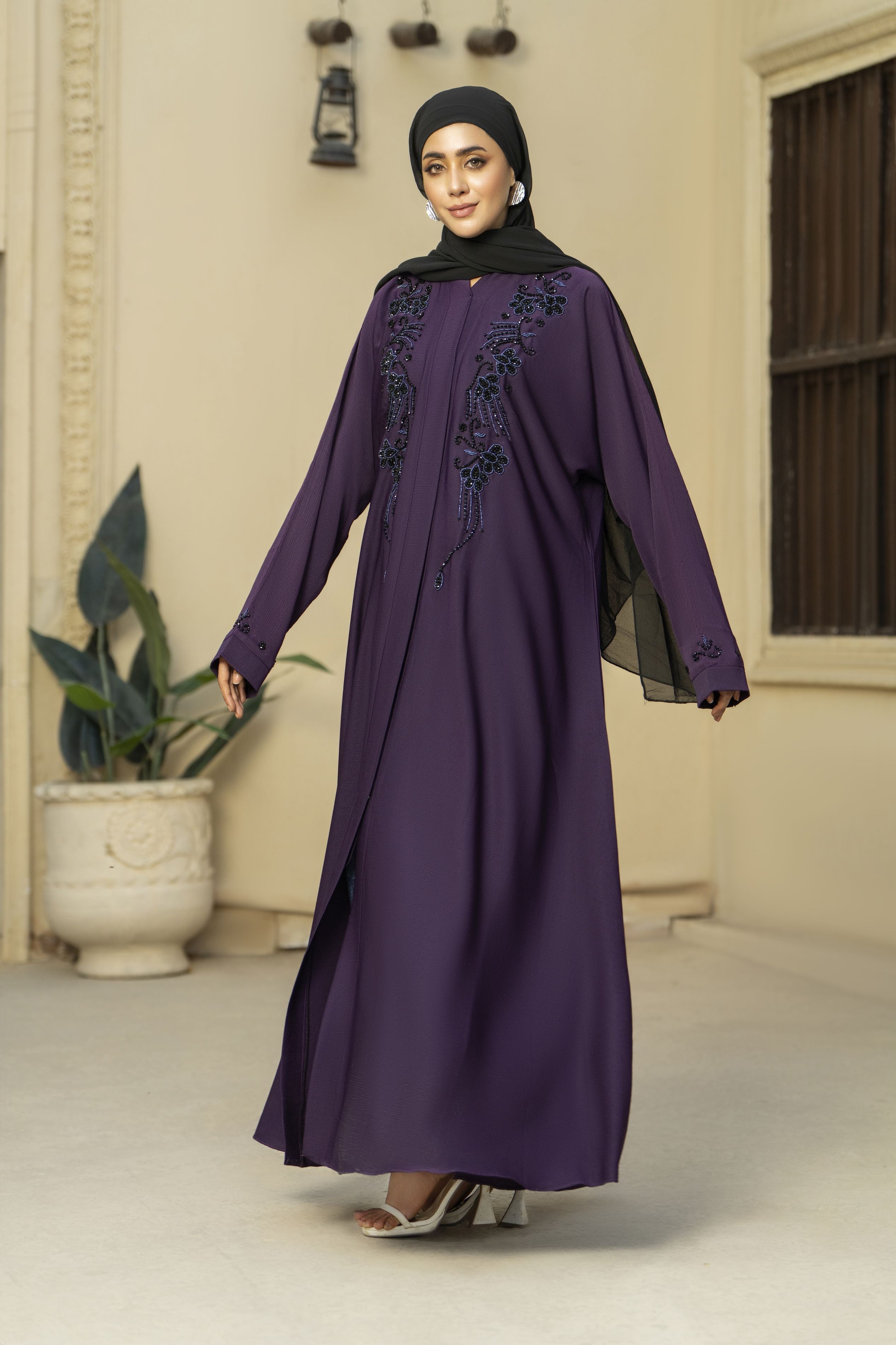 Aubergine Nida Abaya with Black Handwork Embroidery – Zaina Luxe Drapes Collection ZLD12