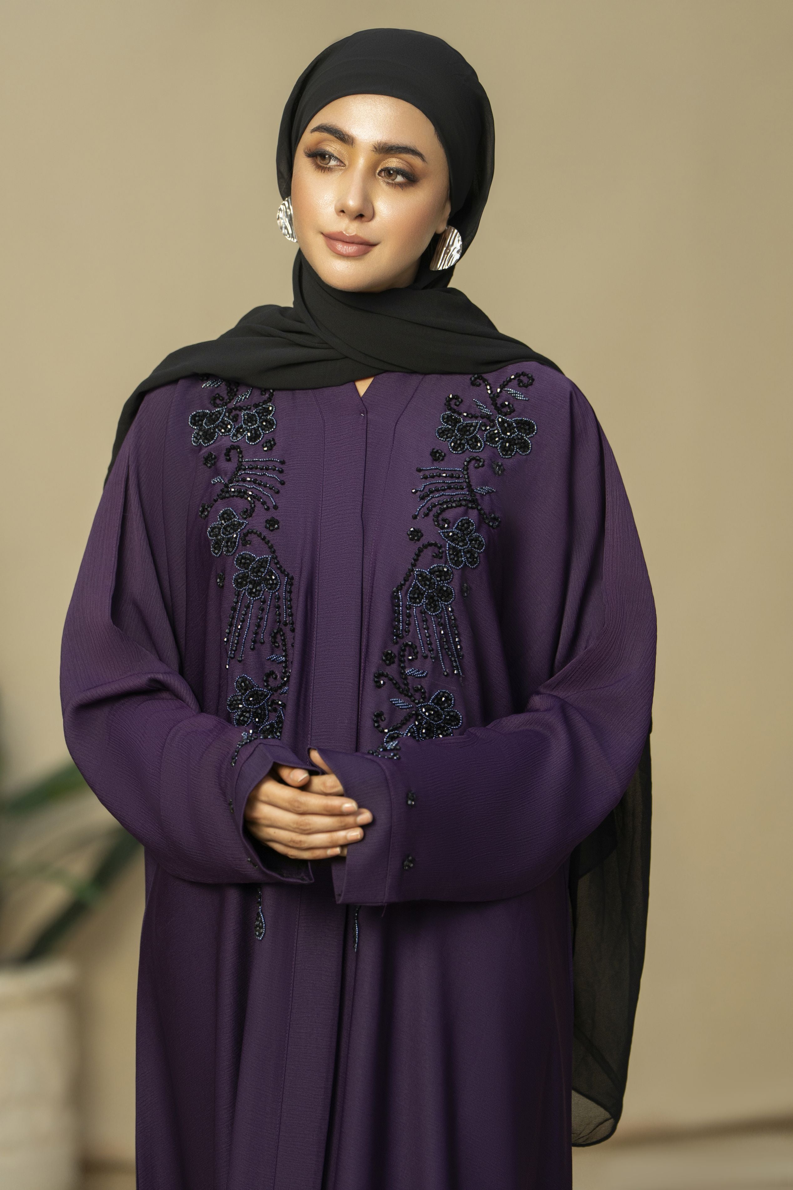 Aubergine Nida Abaya with Black Handwork Embroidery – Zaina Luxe Drapes Collection ZLD12