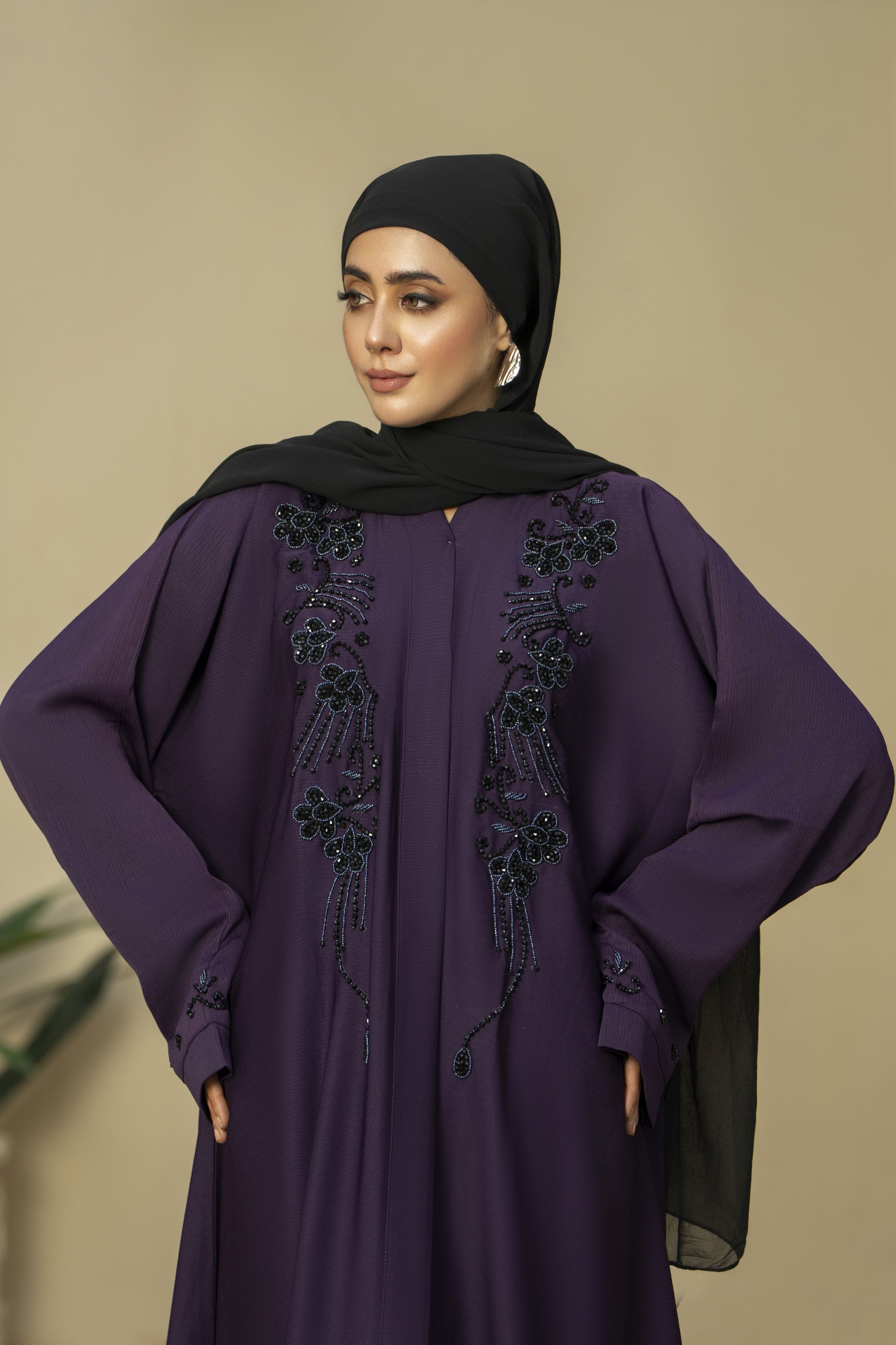 Aubergine Nida Abaya with Black Handwork Embroidery – Zaina Luxe Drapes Collection ZLD12