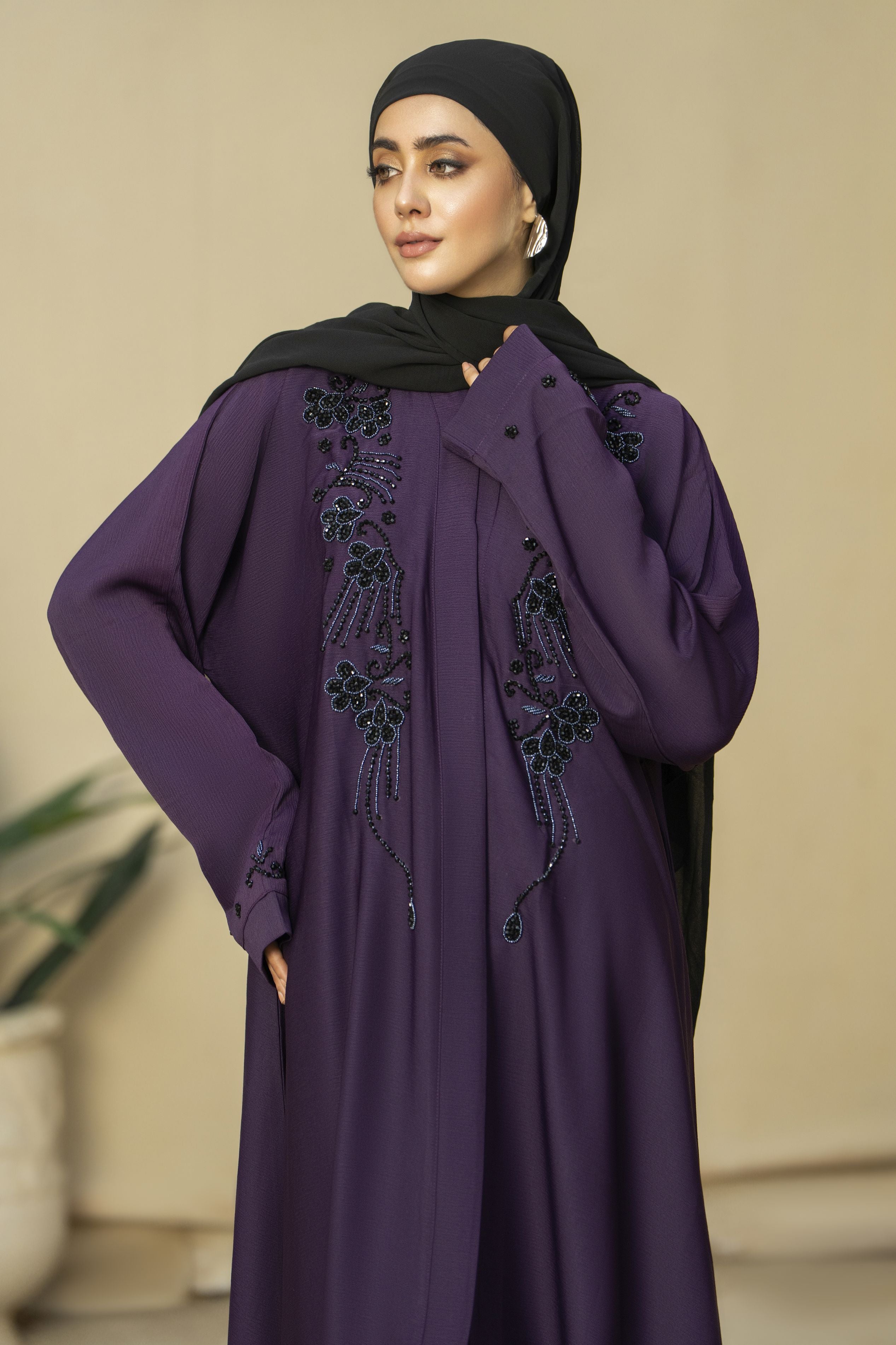 Aubergine Nida Abaya with Black Handwork Embroidery – Zaina Luxe Drapes Collection ZLD12