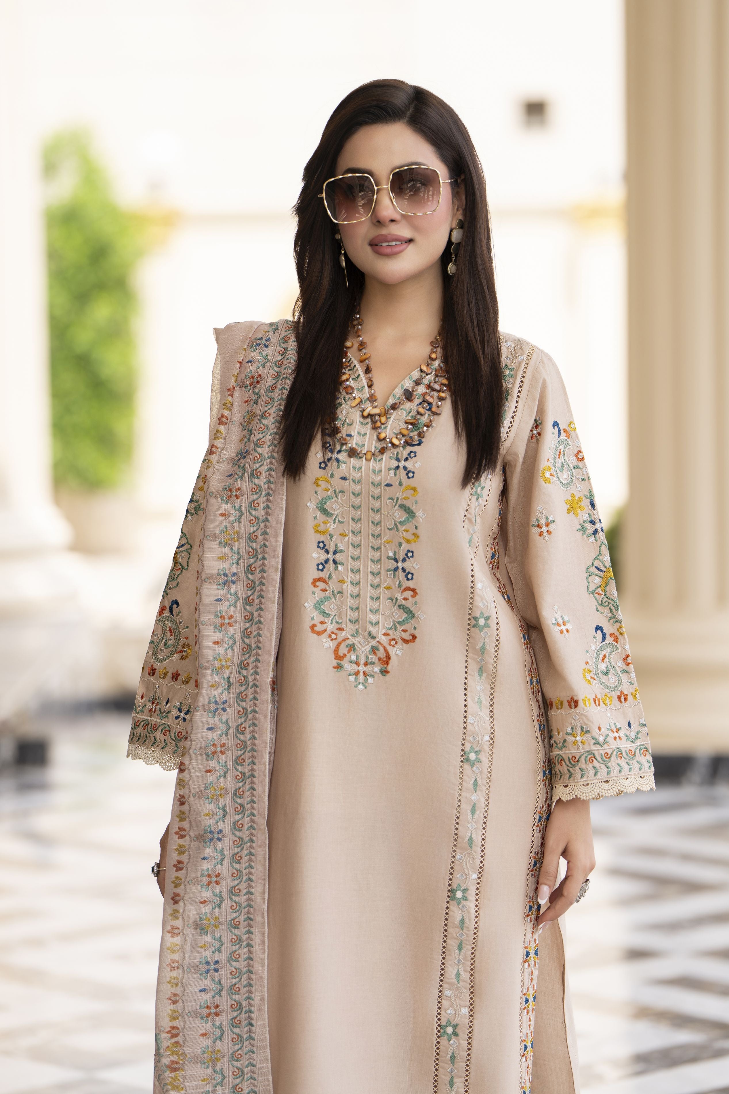 Cotton Canvas by Zaiwa – 3pc Beige Cotton Cutwork Suit CCZ7