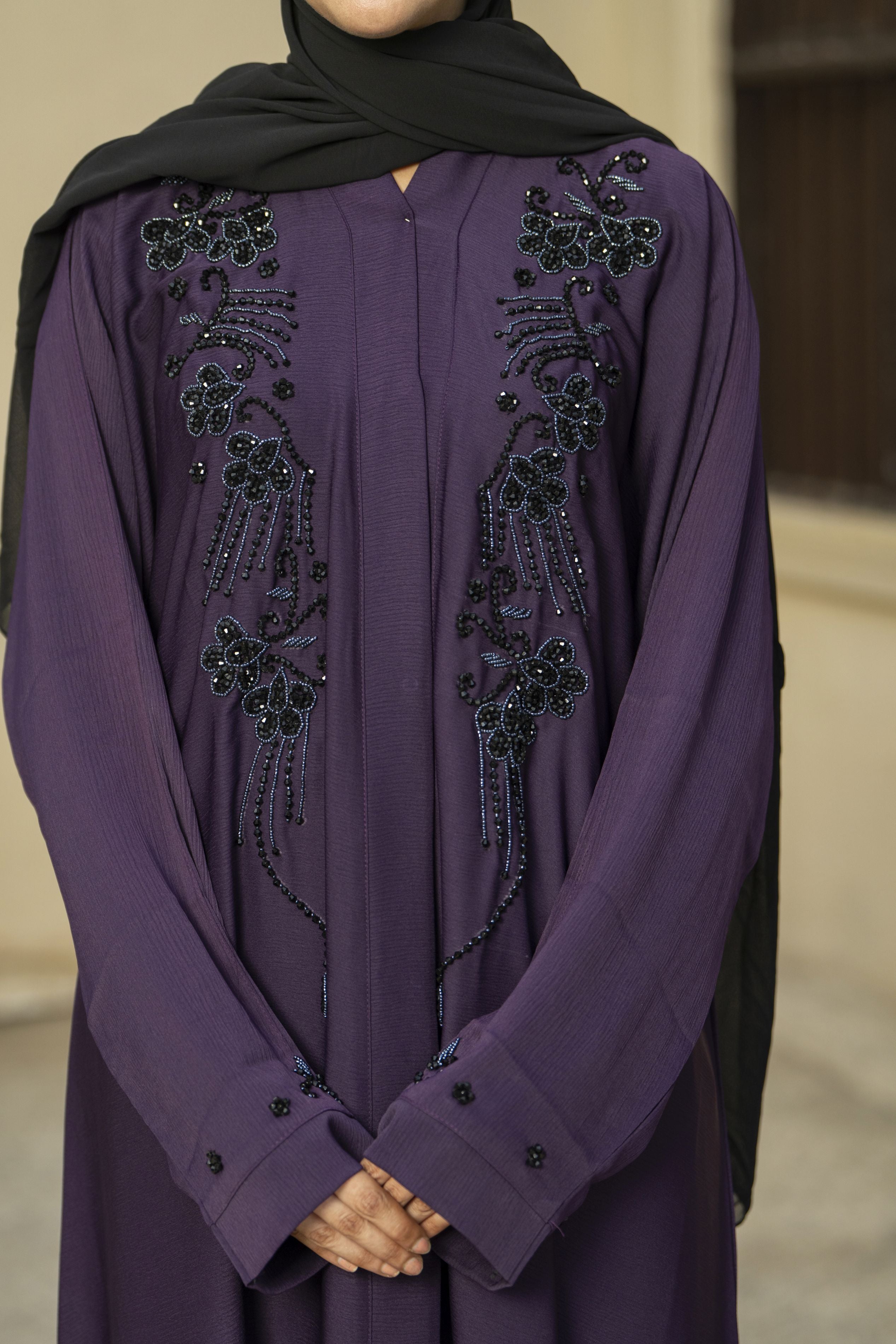 Aubergine Nida Abaya with Black Handwork Embroidery – Zaina Luxe Drapes Collection ZLD12
