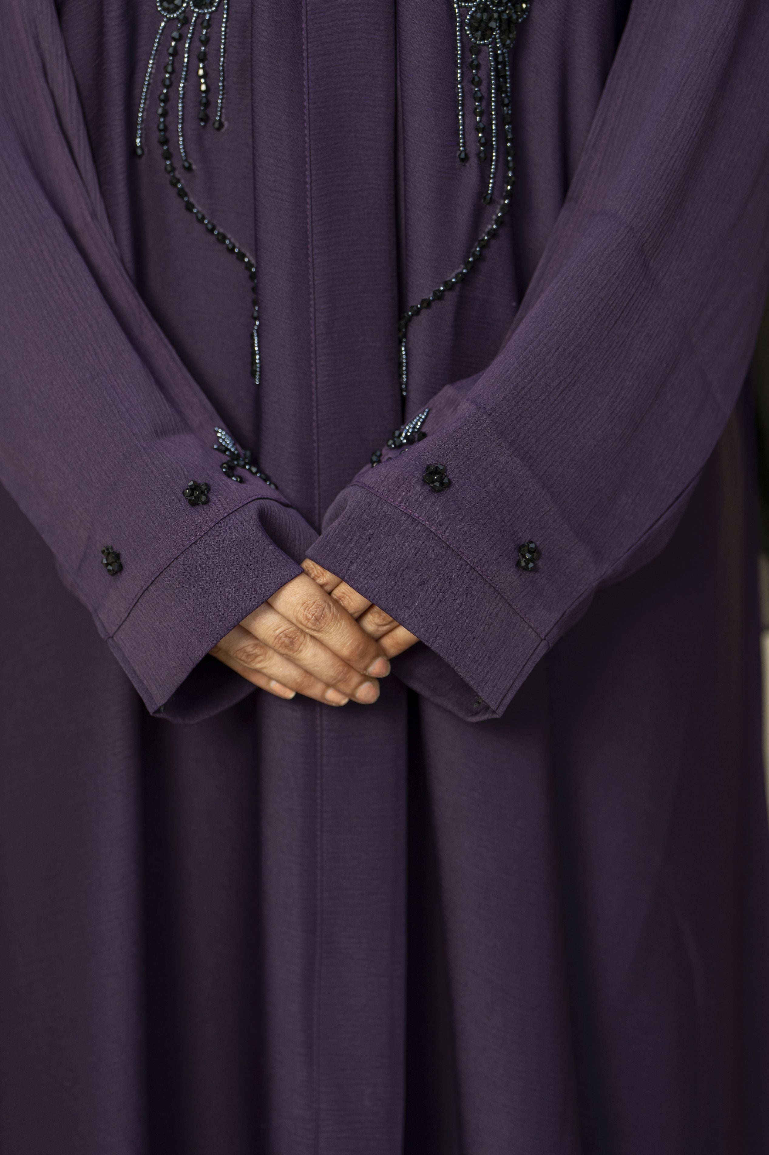 Aubergine Nida Abaya with Black Handwork Embroidery – Zaina Luxe Drapes Collection ZLD12