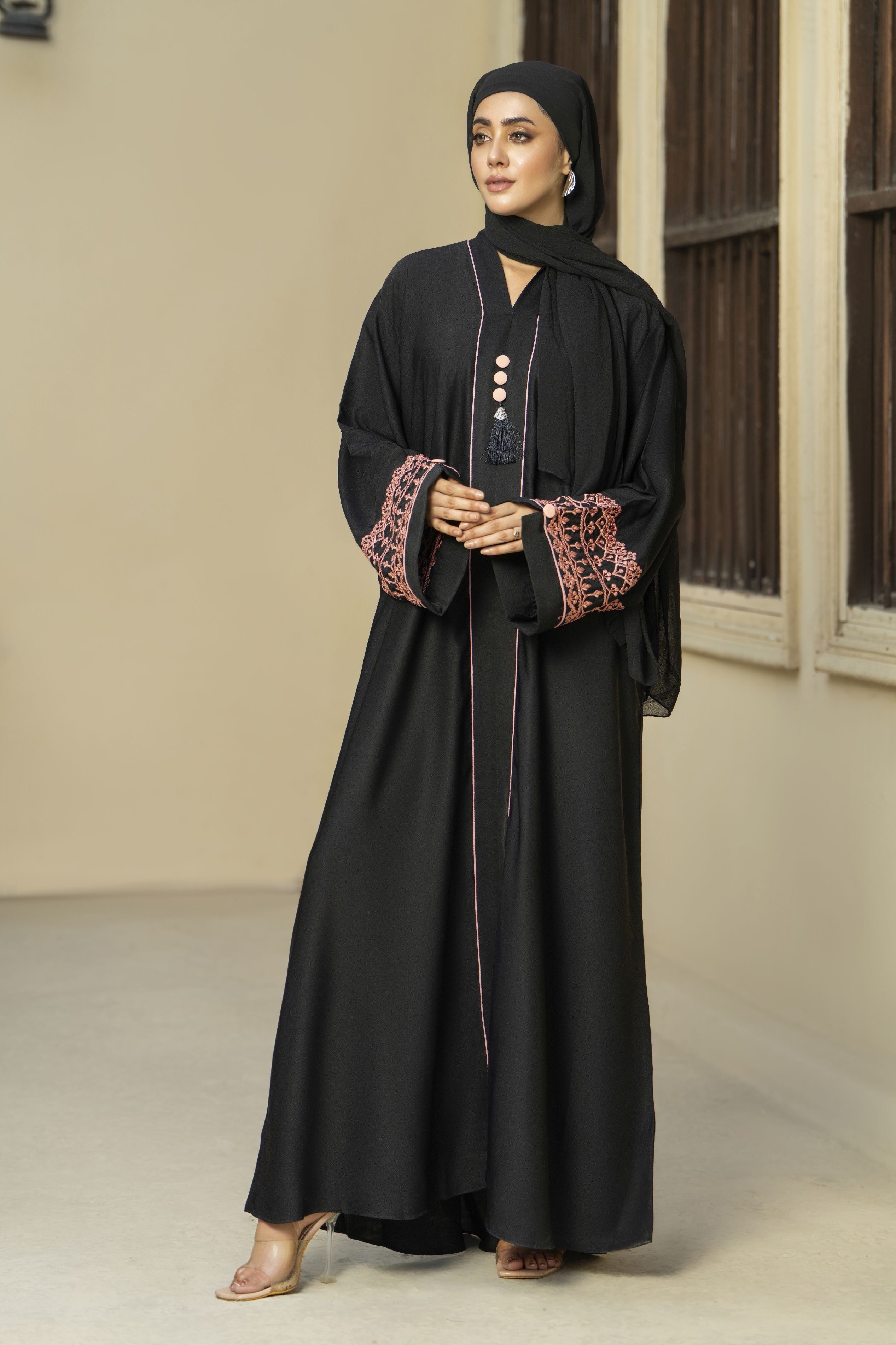 Black Silk Abaya with Peach Embroidery & Tassel Detail – Zaina Luxe Drapes Collection ZLD4