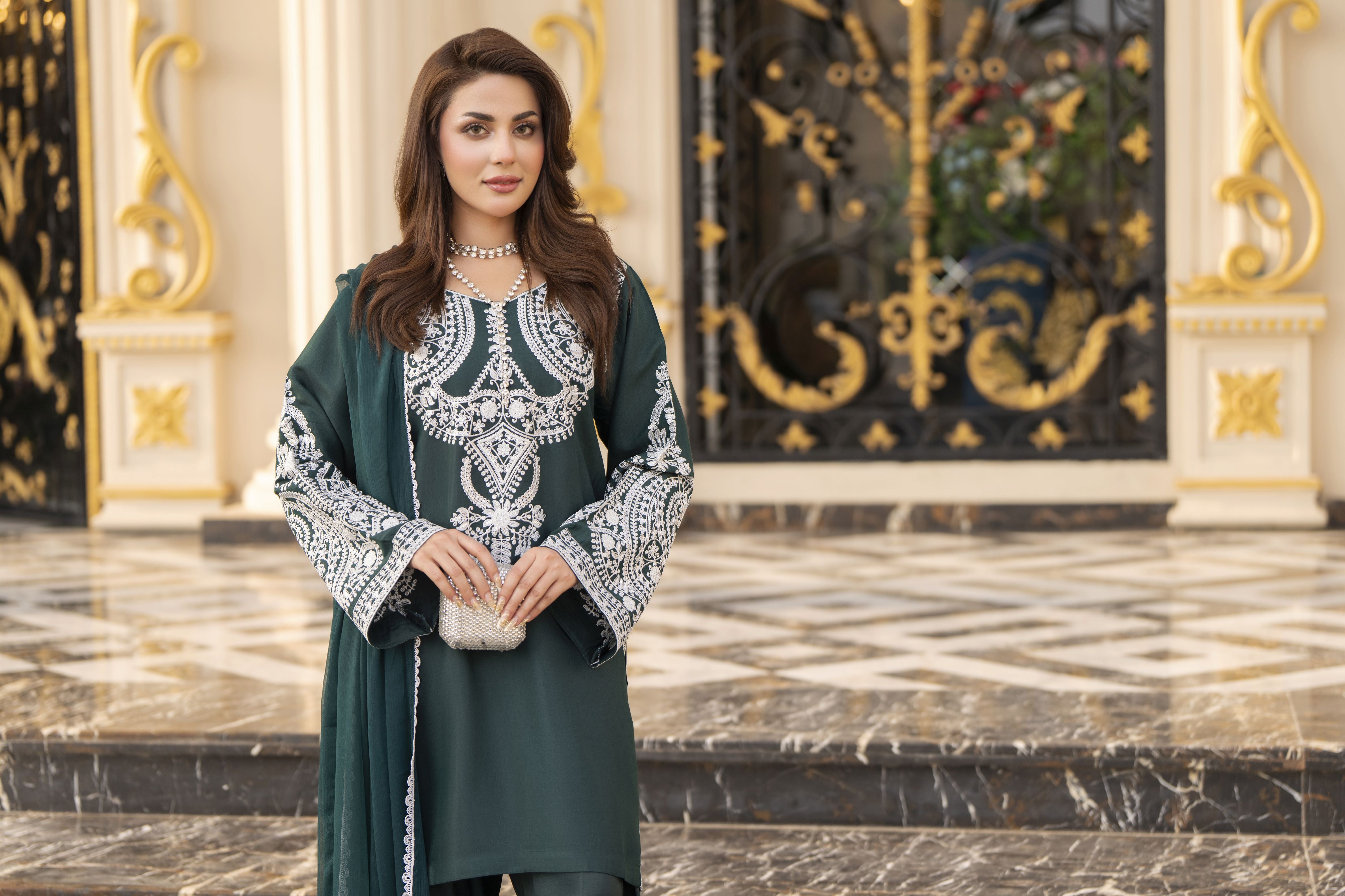 Reshmi RA7 Bottle Green Embroidered 3pc Raw Silk Suit with Shalwar