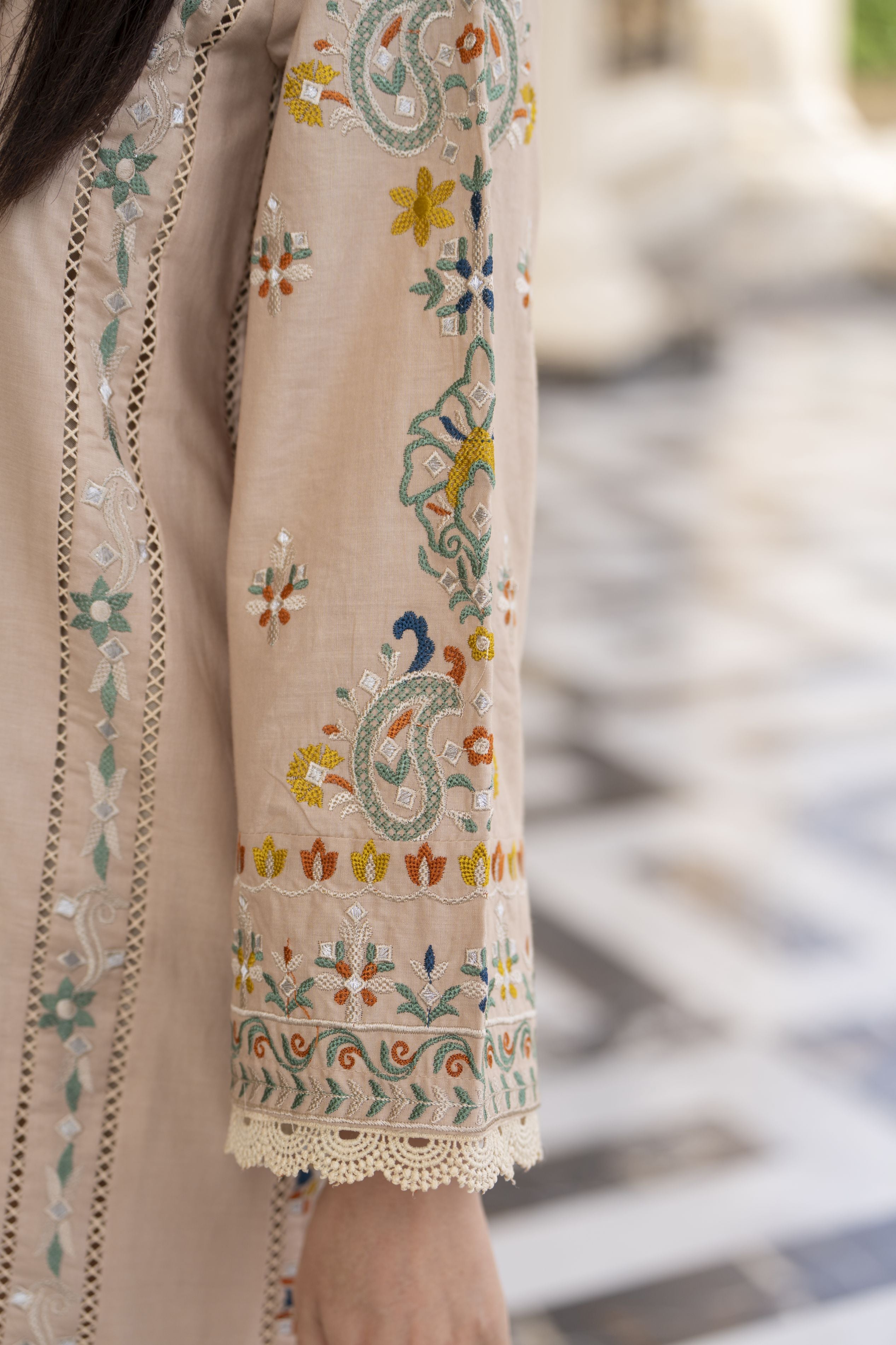 Cotton Canvas by Zaiwa – 3pc Beige Cotton Cutwork Suit CCZ7