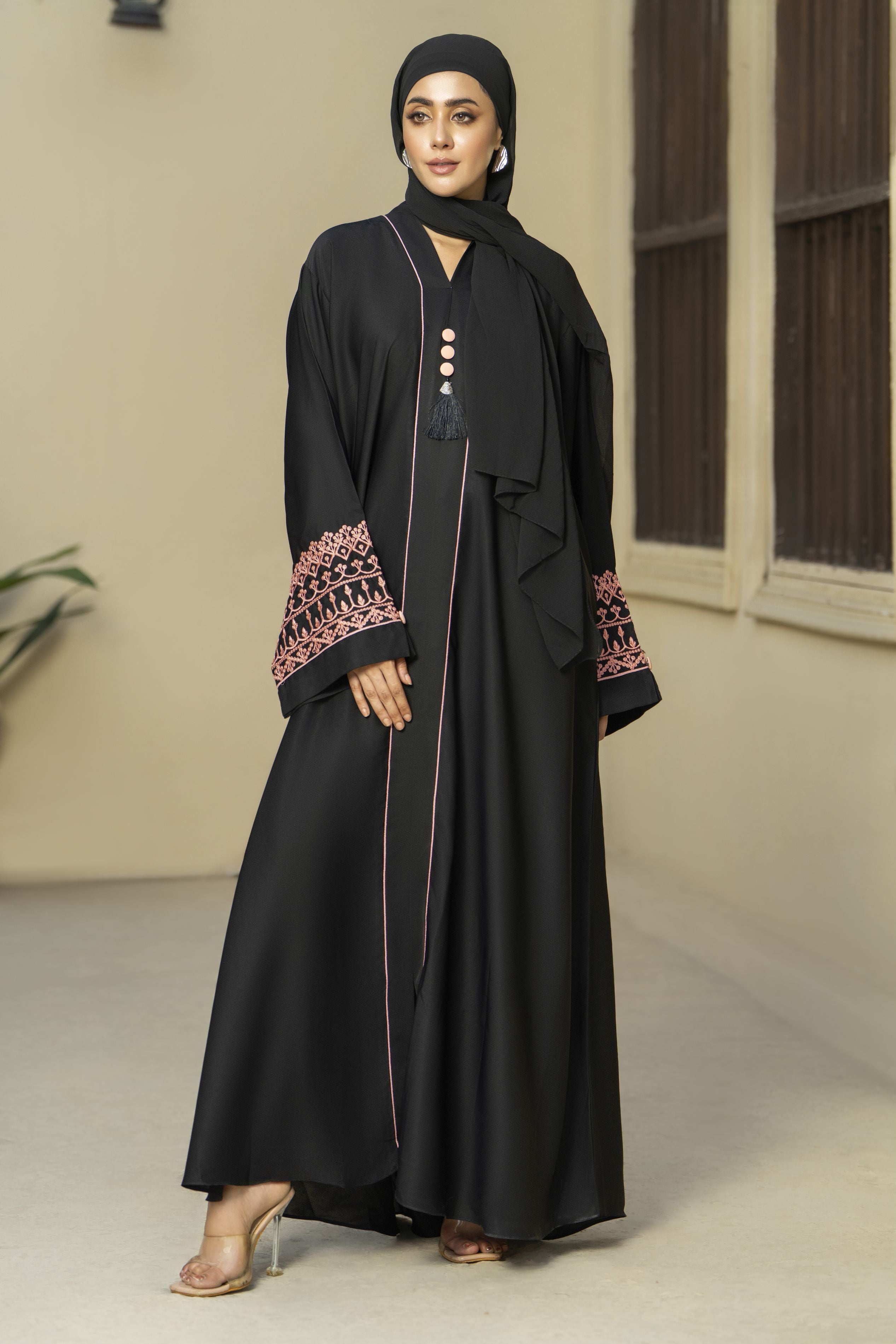 Black Silk Abaya with Peach Embroidery & Tassel Detail – Zaina Luxe Drapes Collection ZLD4