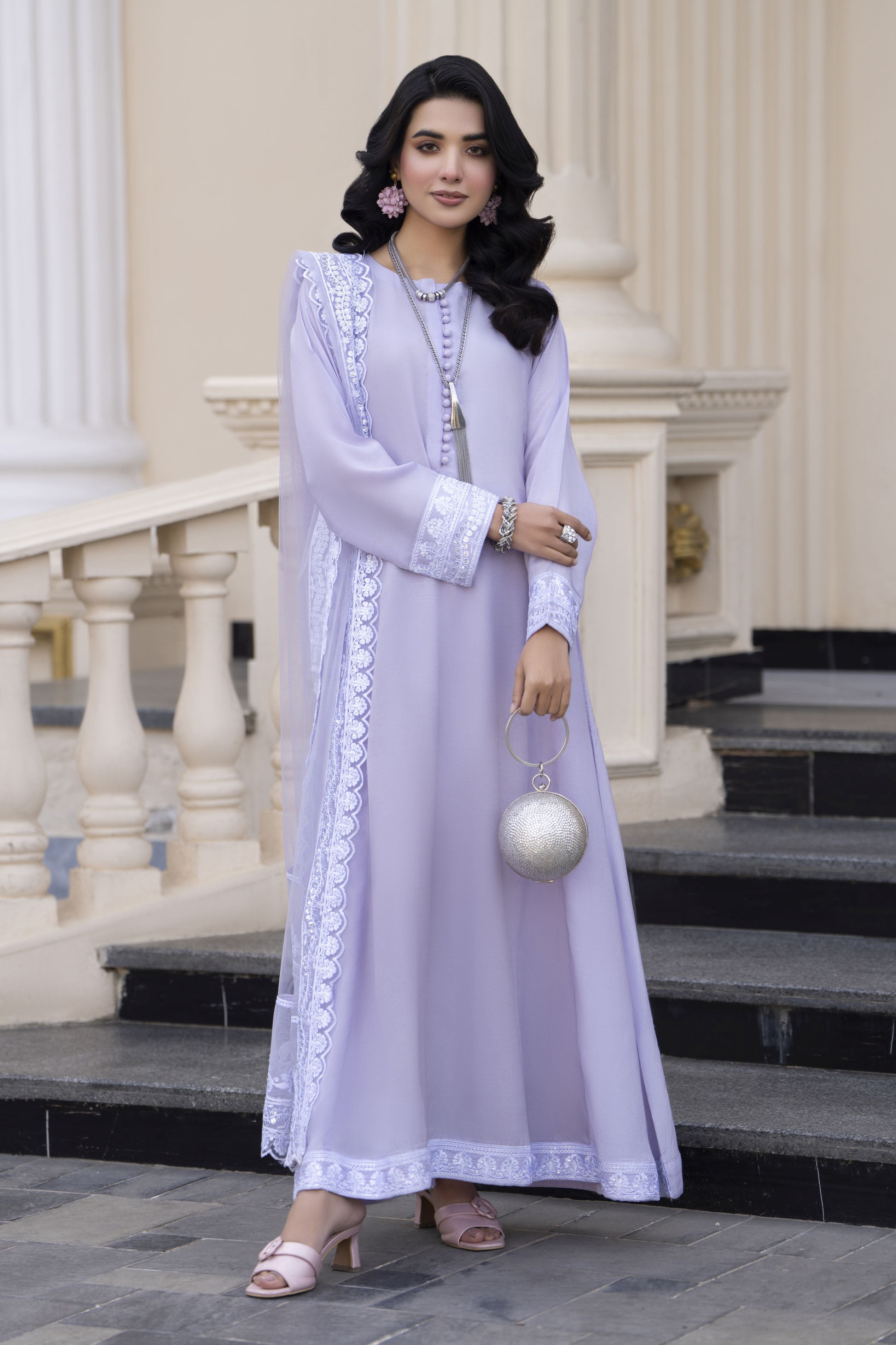 Aleezay Evara 3pc Raw Silk Embroidered Long Frock Ready to Wear Suit EZ6