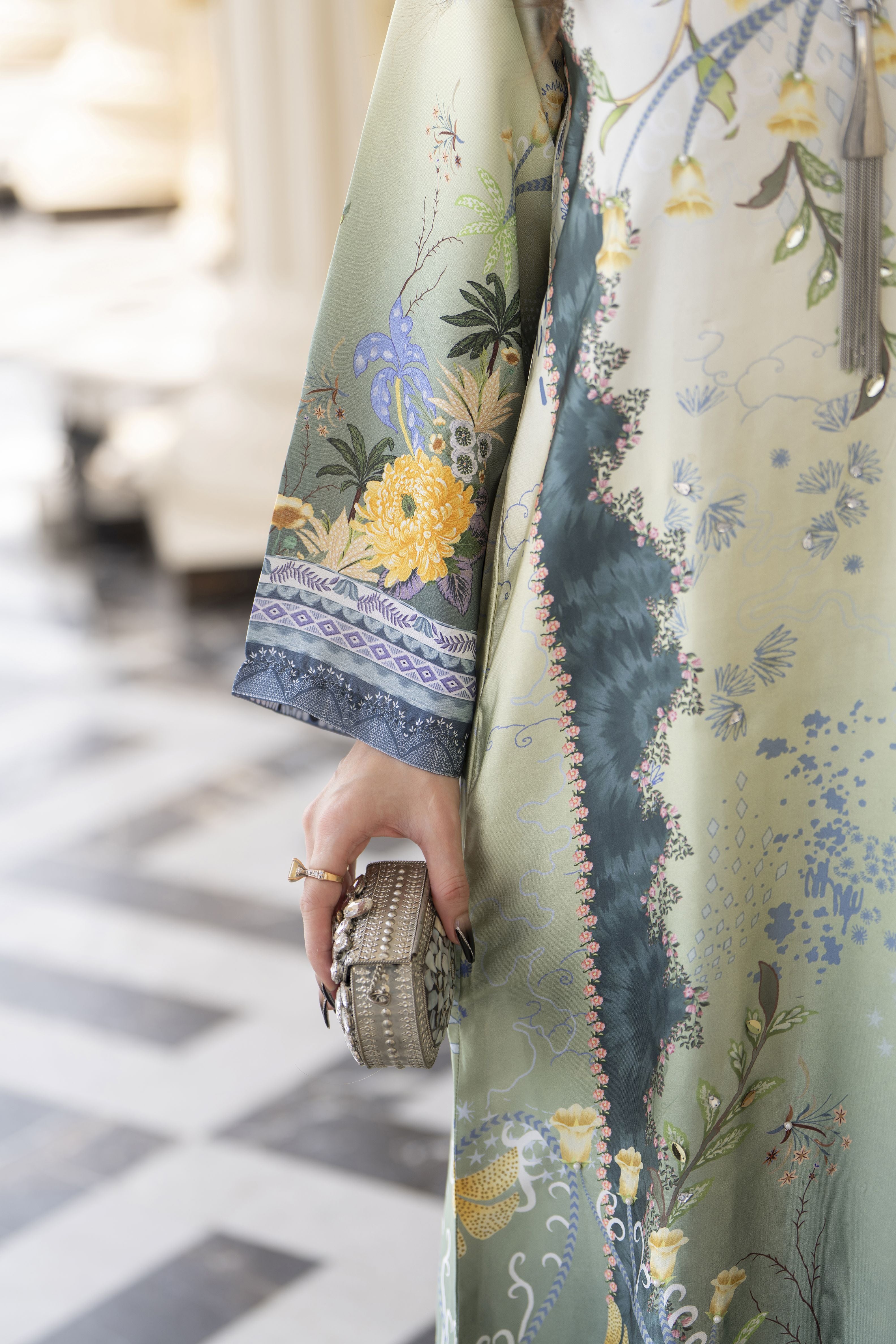 Sakeena 2pc Printed Charmeuse Handworked Kaftan – Nayla – CS3