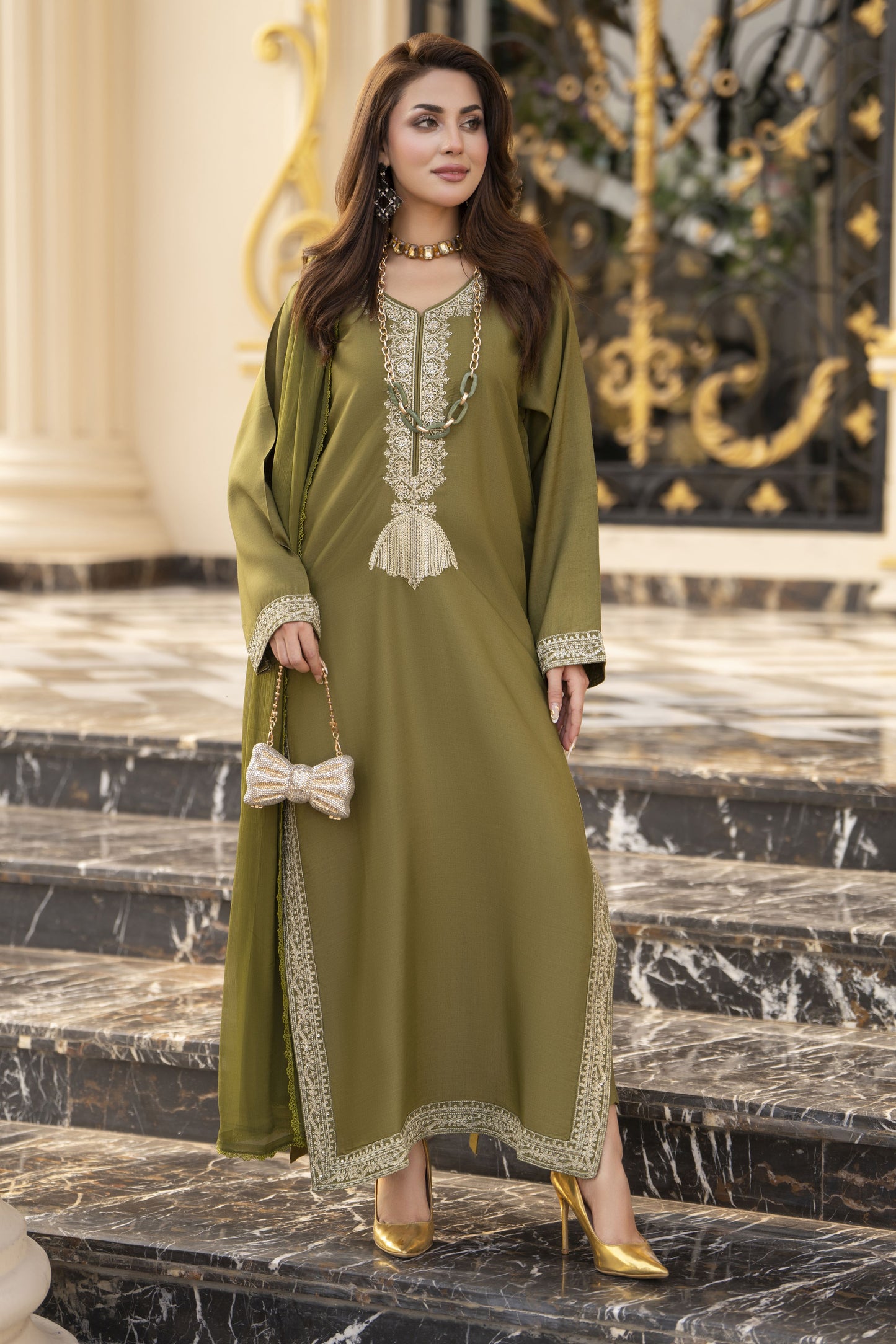 Reshmi RA1 Olive Embroidered 3pc Raw Silk Suit with Chiffon Dupatta