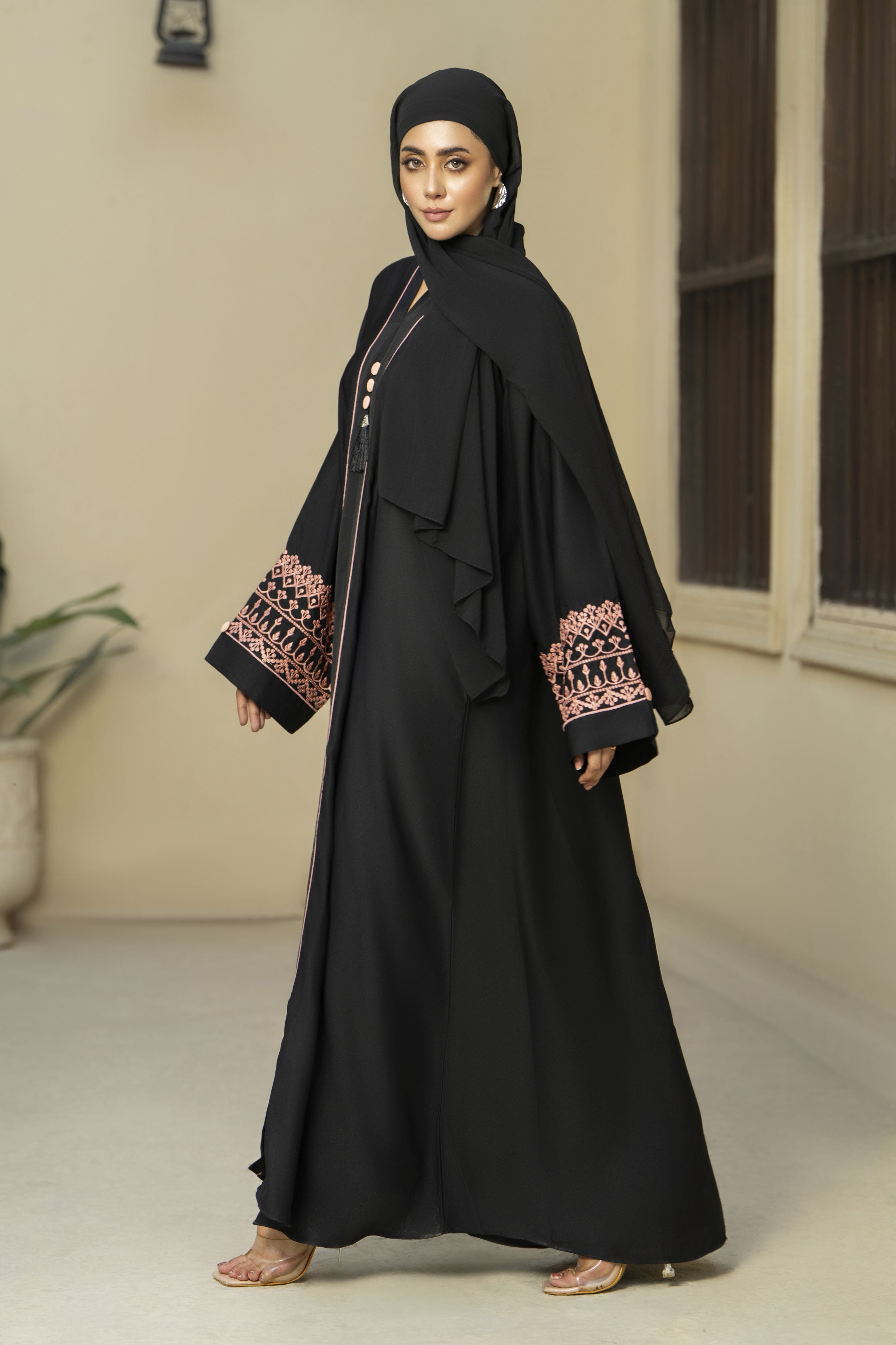 Black Silk Abaya with Peach Embroidery & Tassel Detail – Zaina Luxe Drapes Collection ZLD4