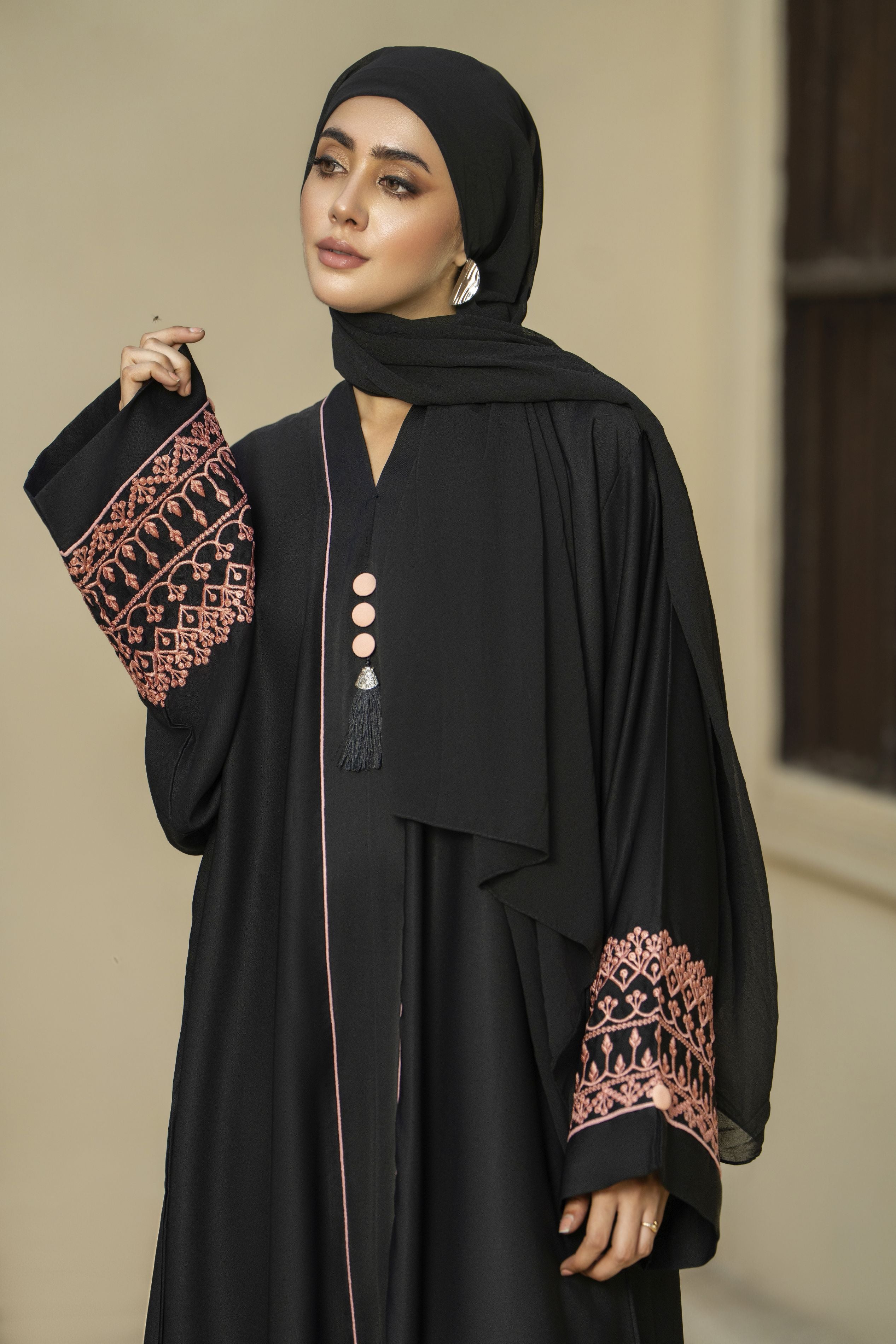 Black Silk Abaya with Peach Embroidery & Tassel Detail – Zaina Luxe Drapes Collection ZLD4