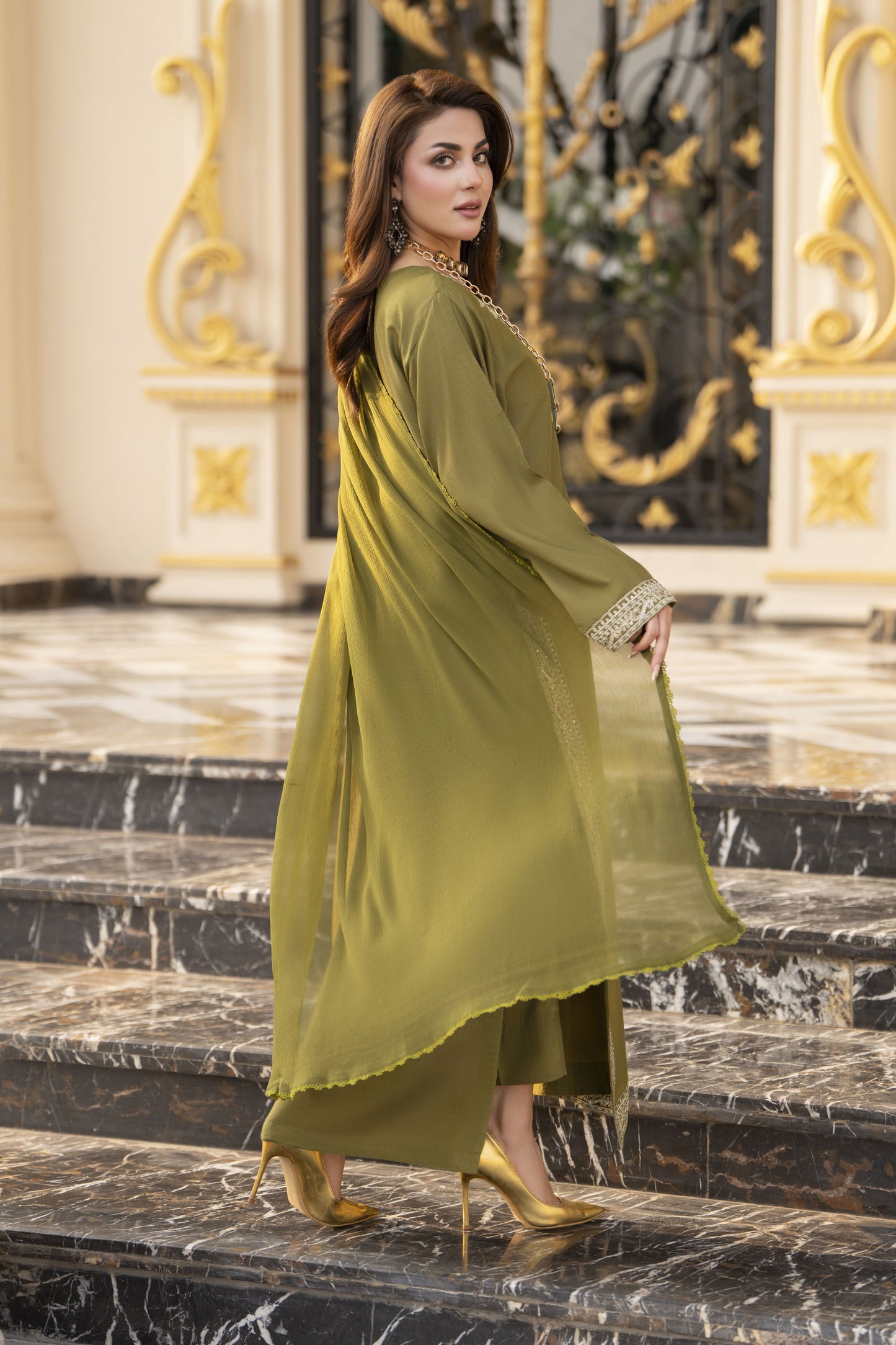 Reshmi RA1 Olive Embroidered 3pc Raw Silk Suit with Chiffon Dupatta