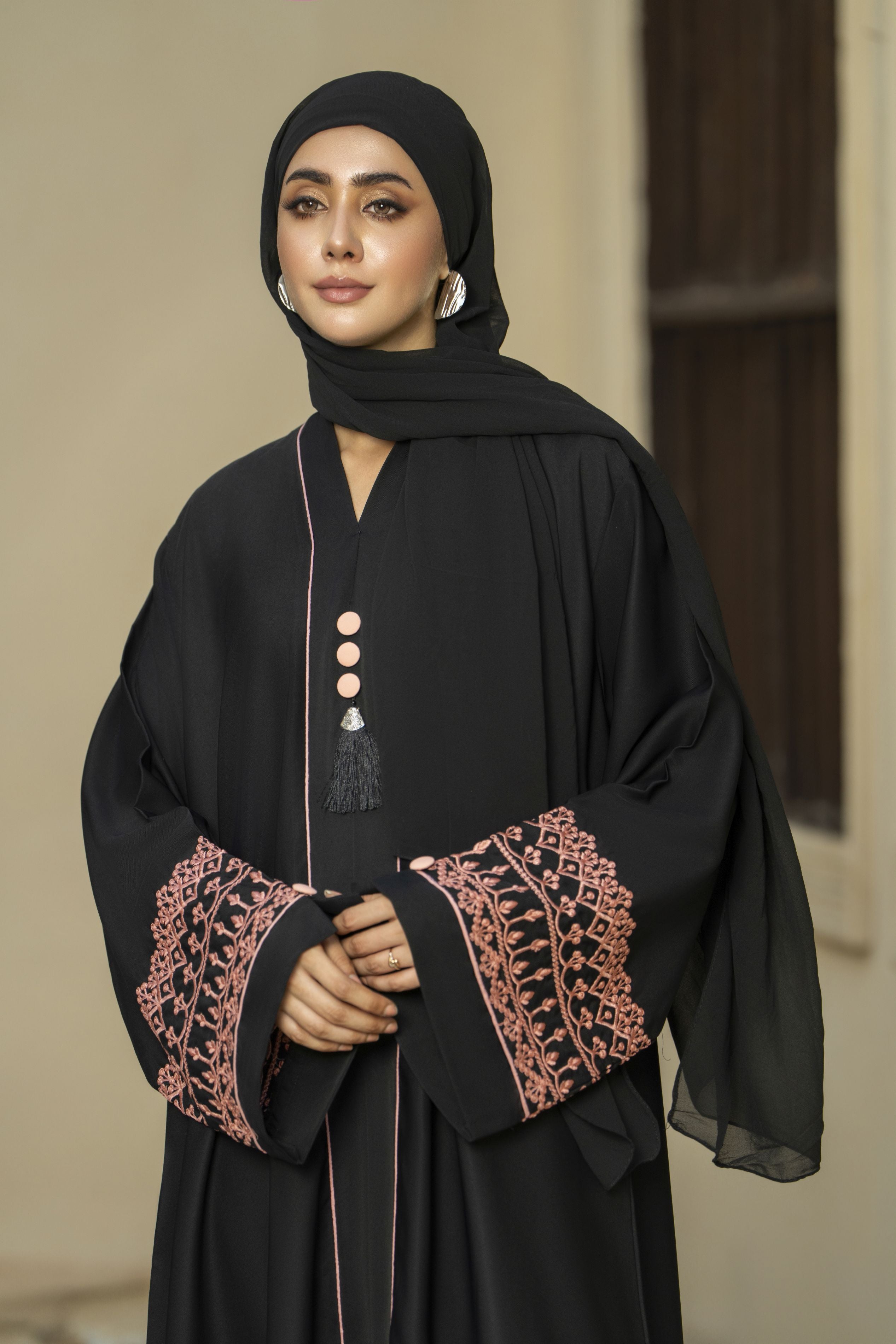 Black Silk Abaya with Peach Embroidery & Tassel Detail – Zaina Luxe Drapes Collection ZLD4
