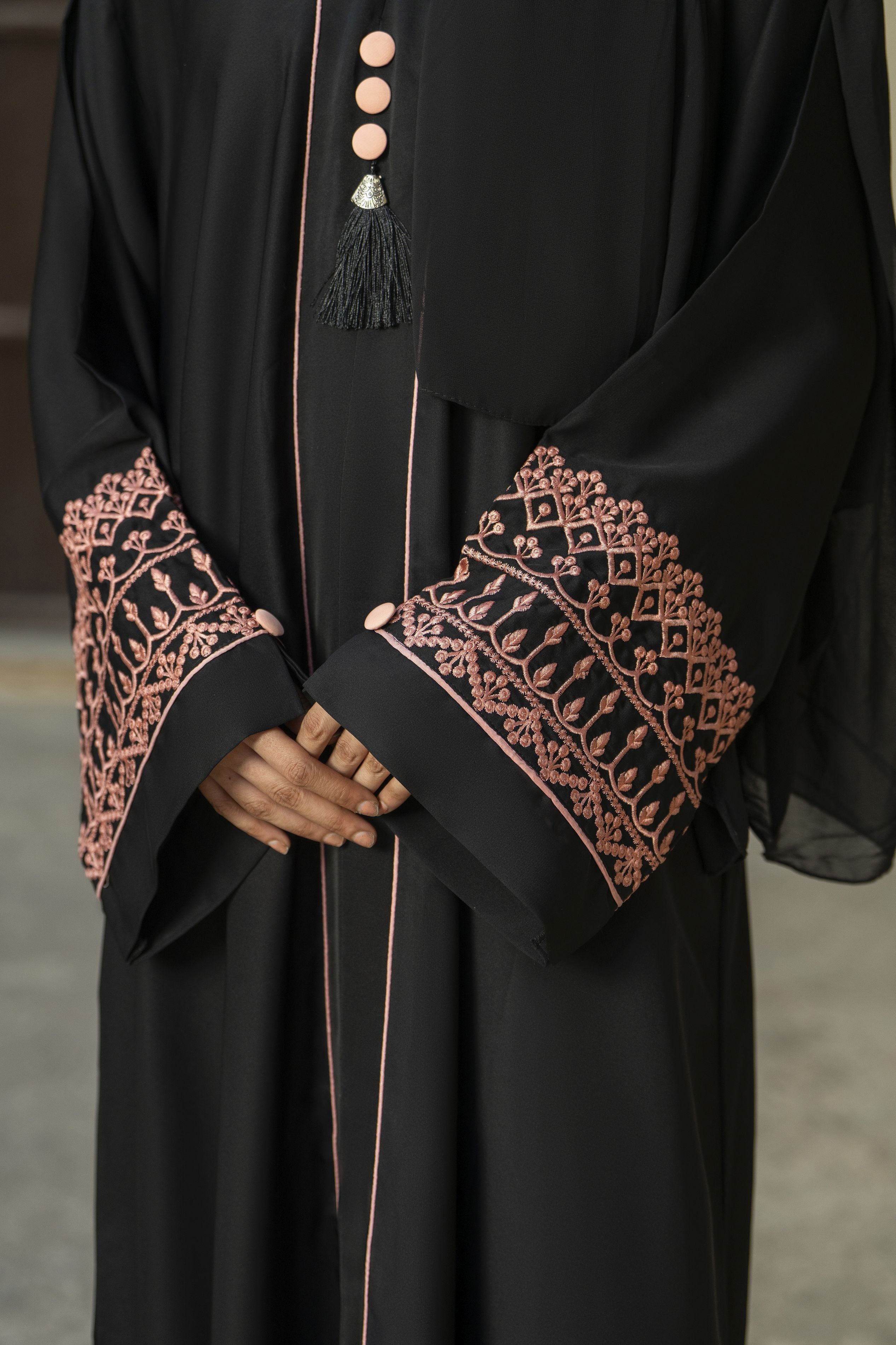 Black Silk Abaya with Peach Embroidery & Tassel Detail – Zaina Luxe Drapes Collection ZLD4