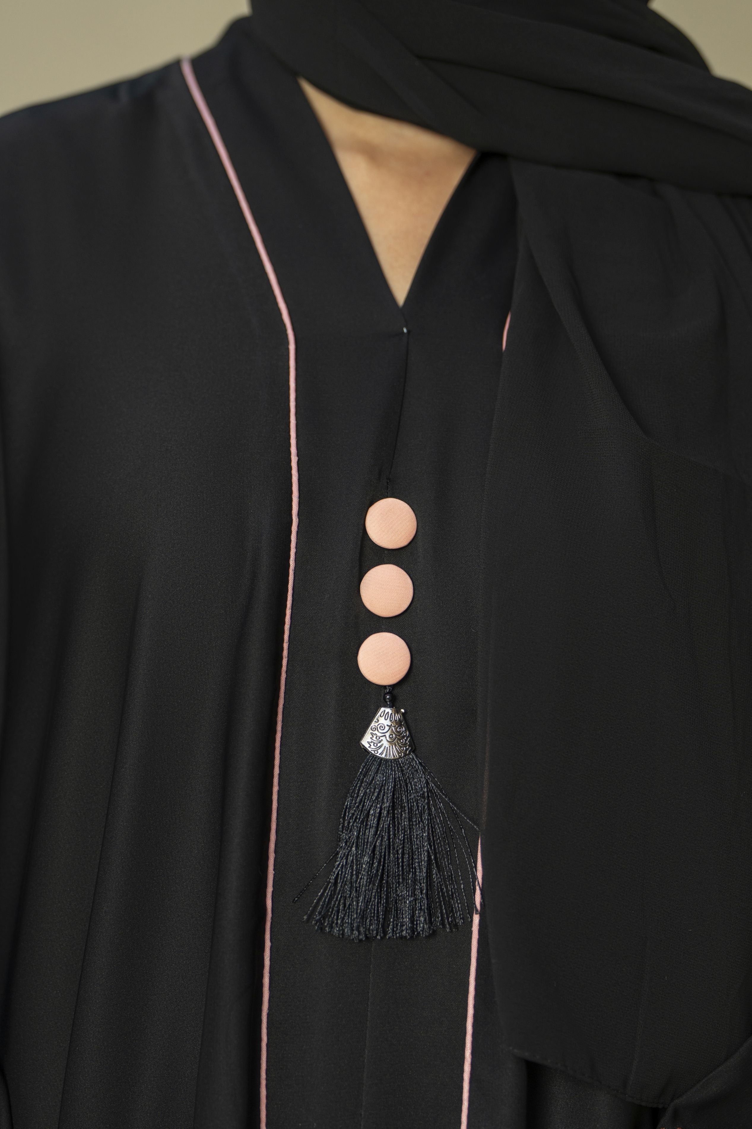 Black Silk Abaya with Peach Embroidery & Tassel Detail – Zaina Luxe Drapes Collection ZLD4