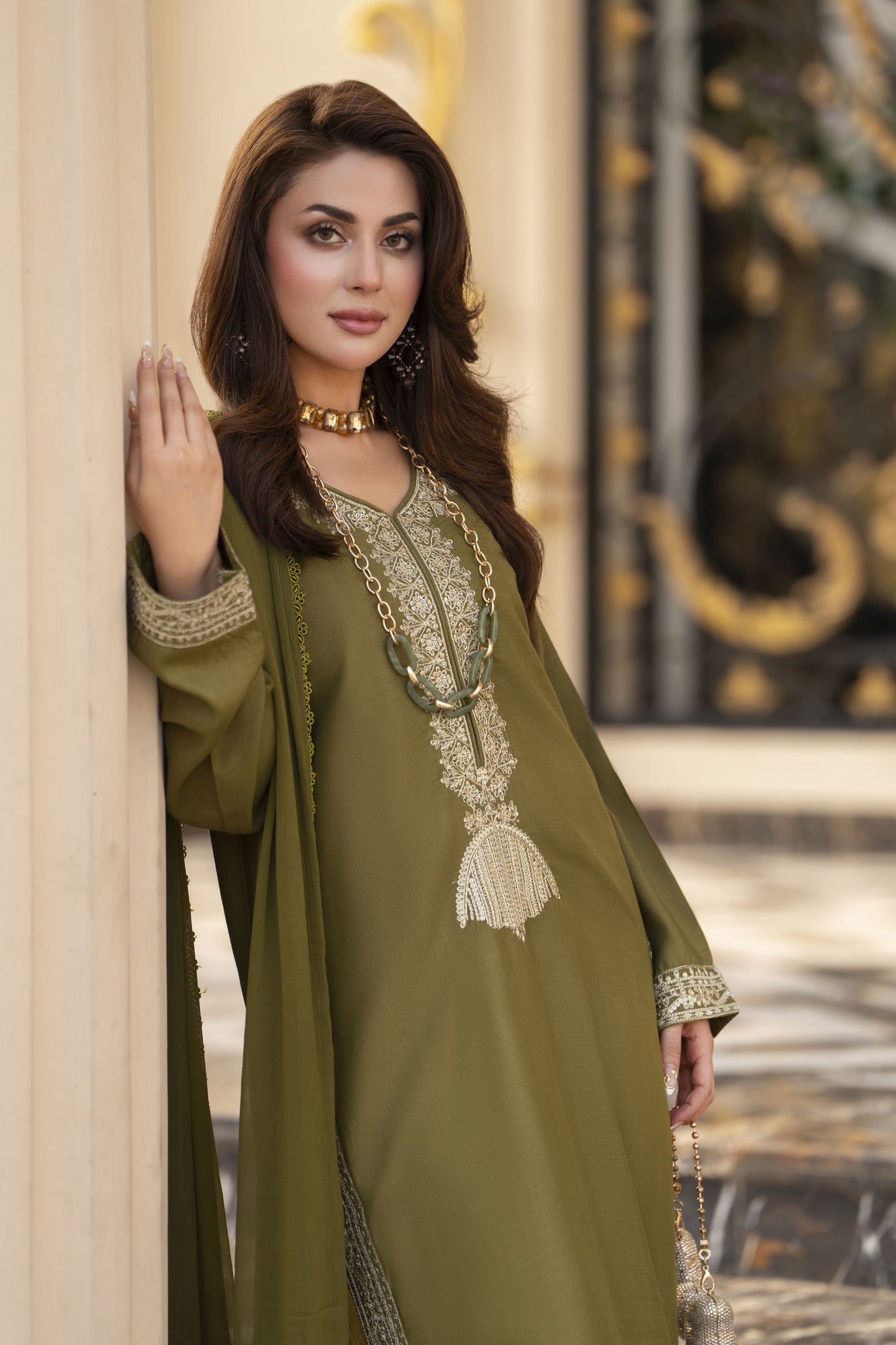 Reshmi RA1 Olive Embroidered 3pc Raw Silk Suit with Chiffon Dupatta