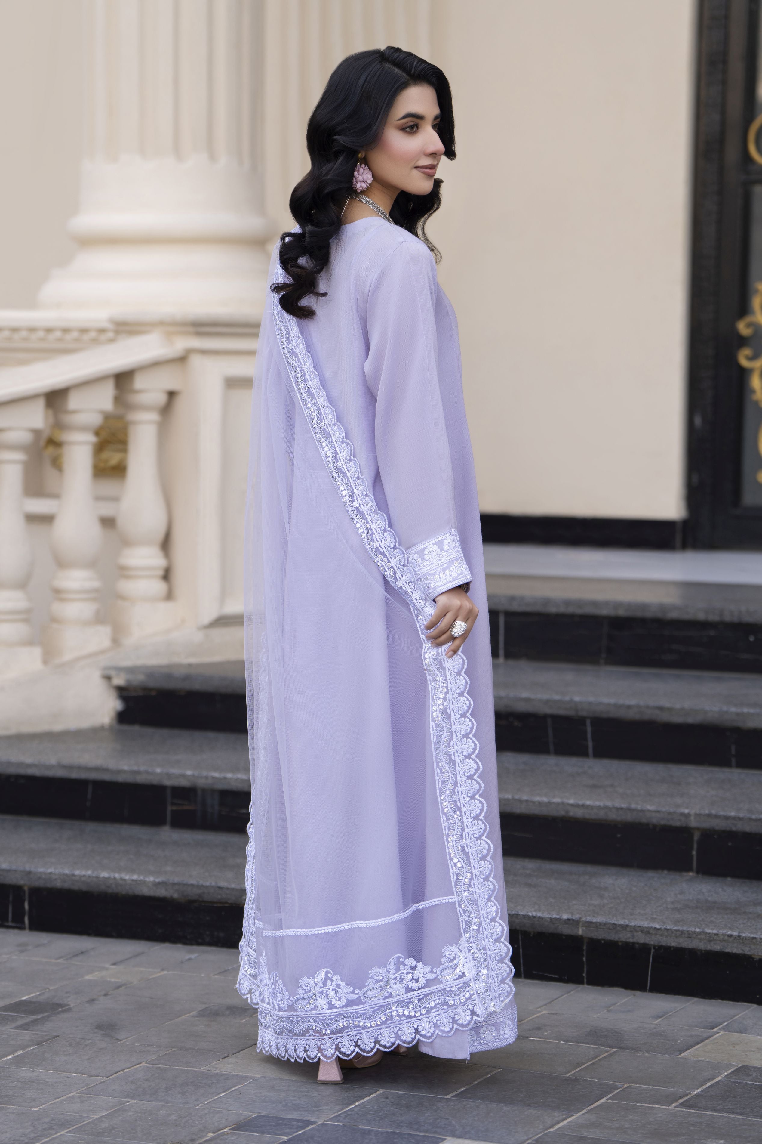 Aleezay Evara 3pc Raw Silk Embroidered Long Frock Ready to Wear Suit EZ6