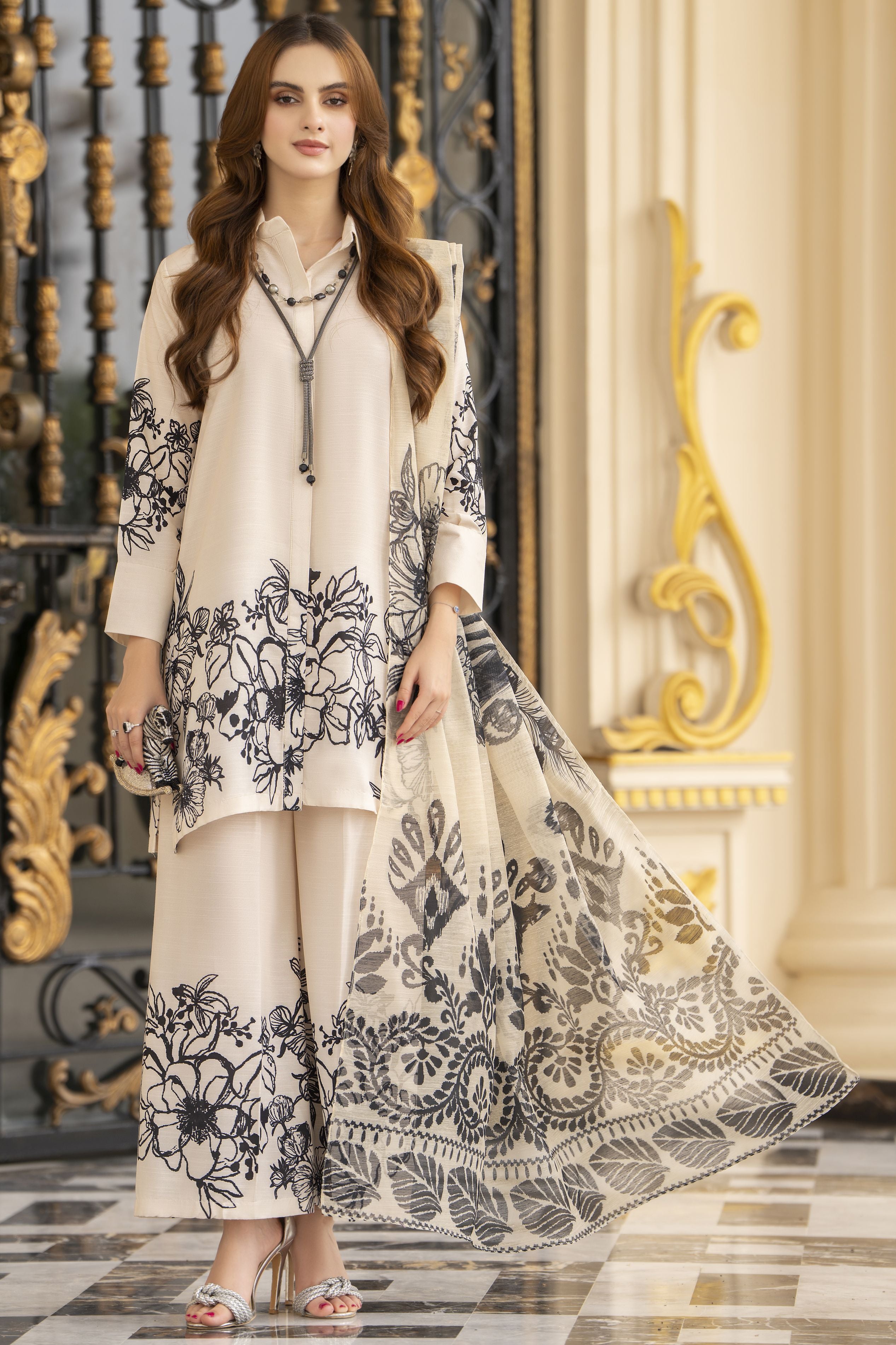 Daily Drapes by Mona – 3pc Raw Silk Printed co-ord set with Palazzo Pants DDR8