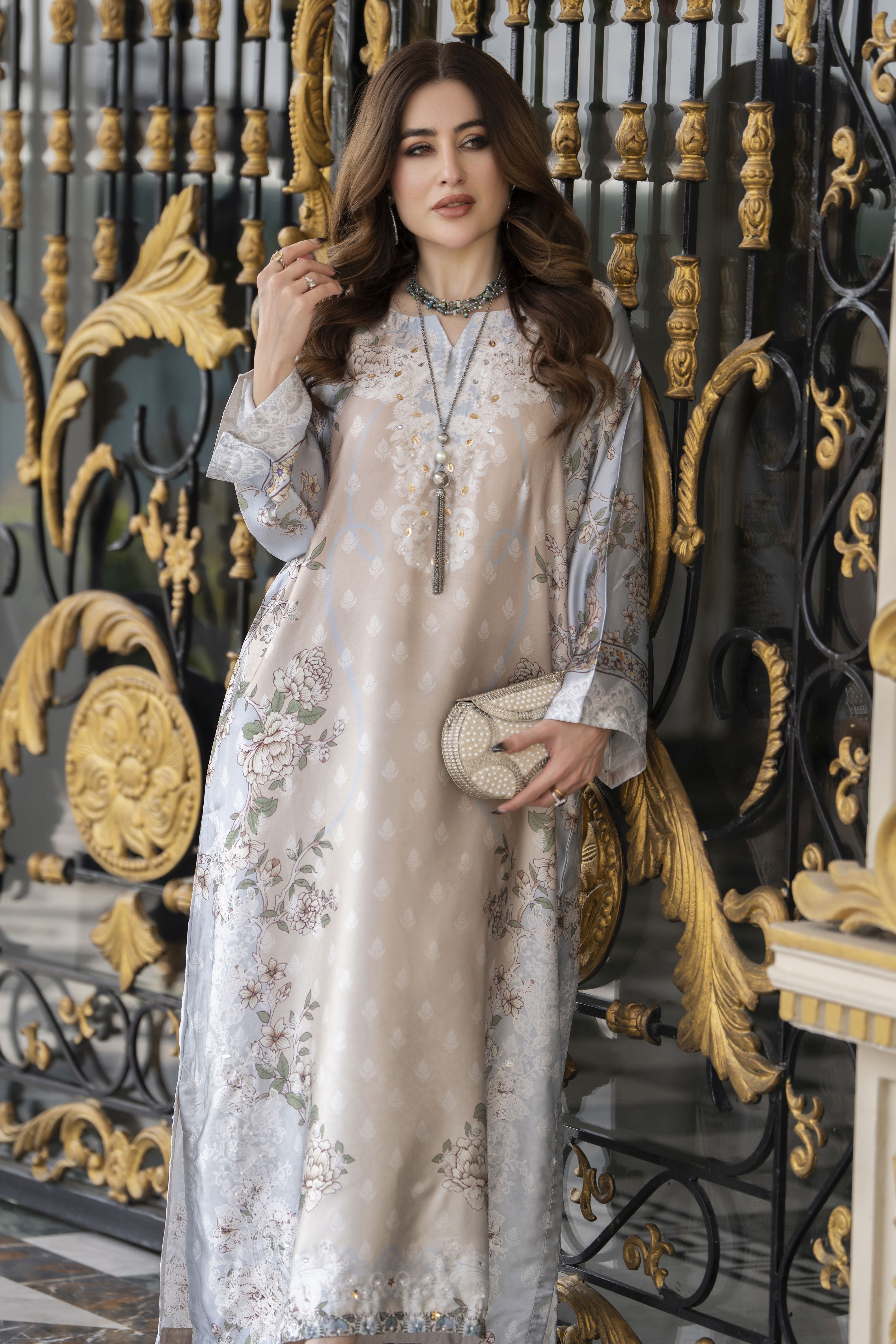 Sakeena 2pc Printed Charmeuse Handworked Kaftan – Yusra – CS7