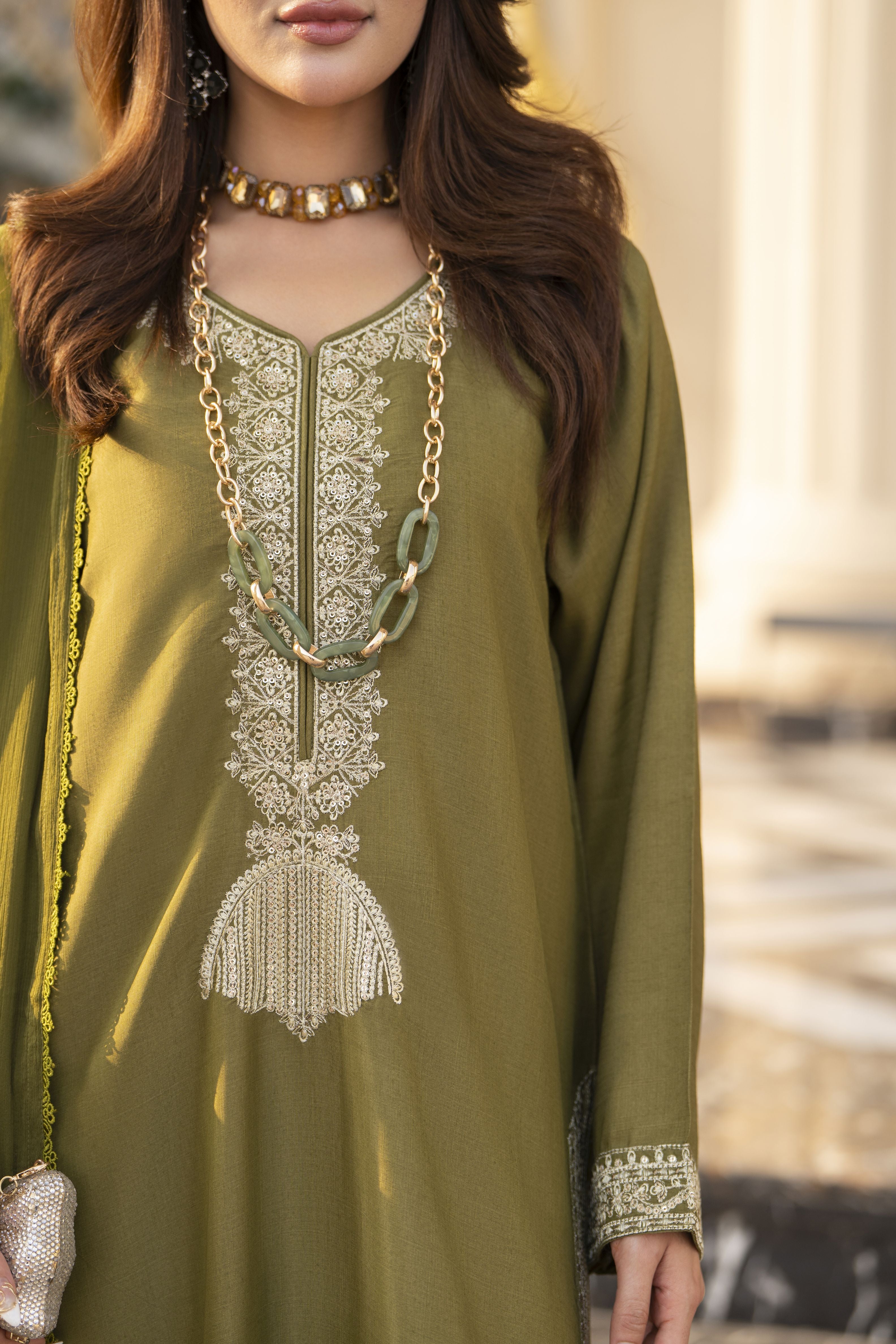 Reshmi RA1 Olive Embroidered 3pc Raw Silk Suit with Chiffon Dupatta