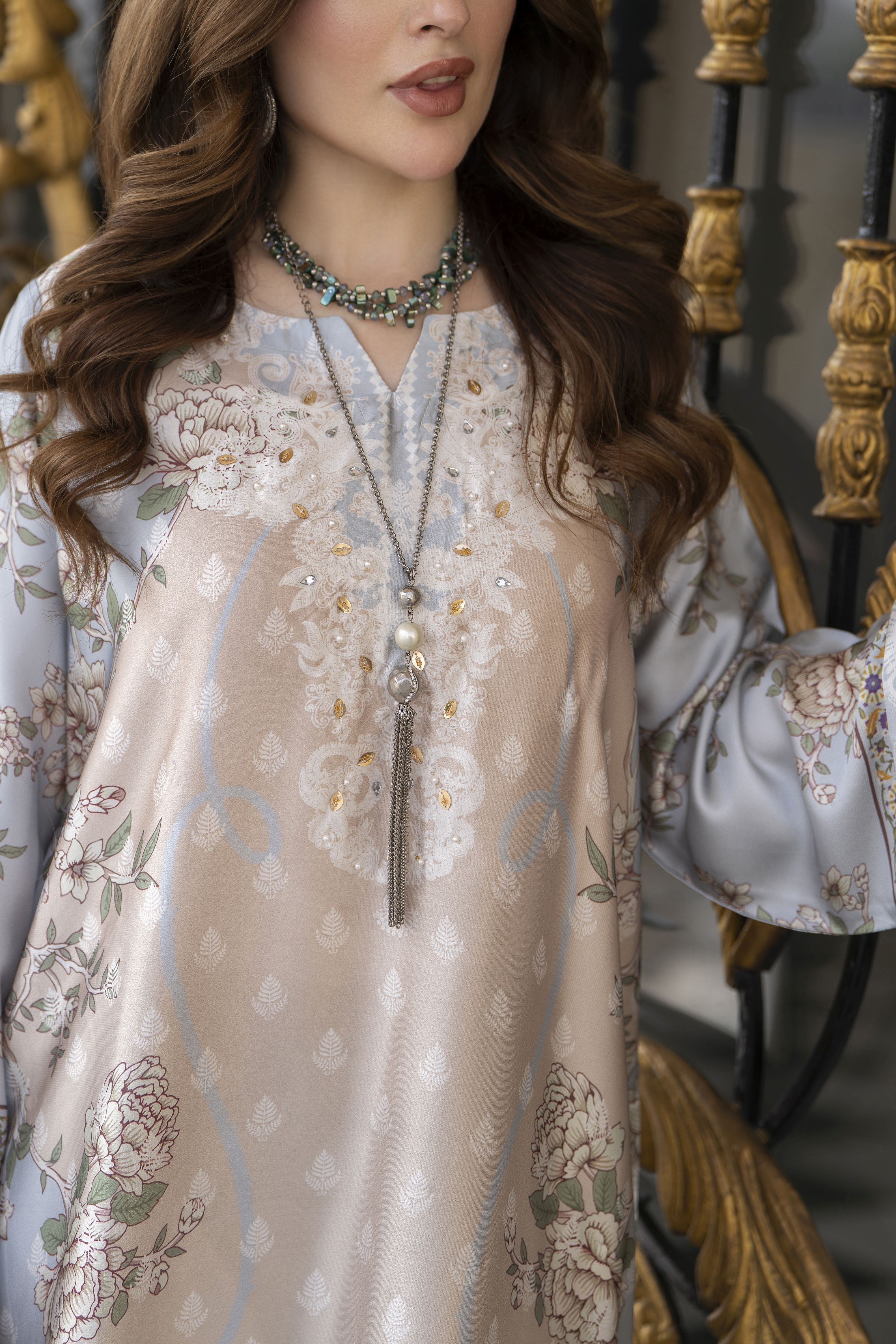 Sakeena 2pc Printed Charmeuse Handworked Kaftan – Yusra – CS7