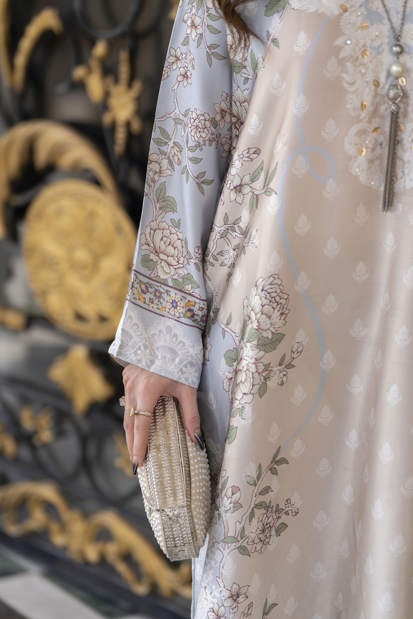 Sakeena 2pc Printed Charmeuse Handworked Kaftan – Yusra – CS7