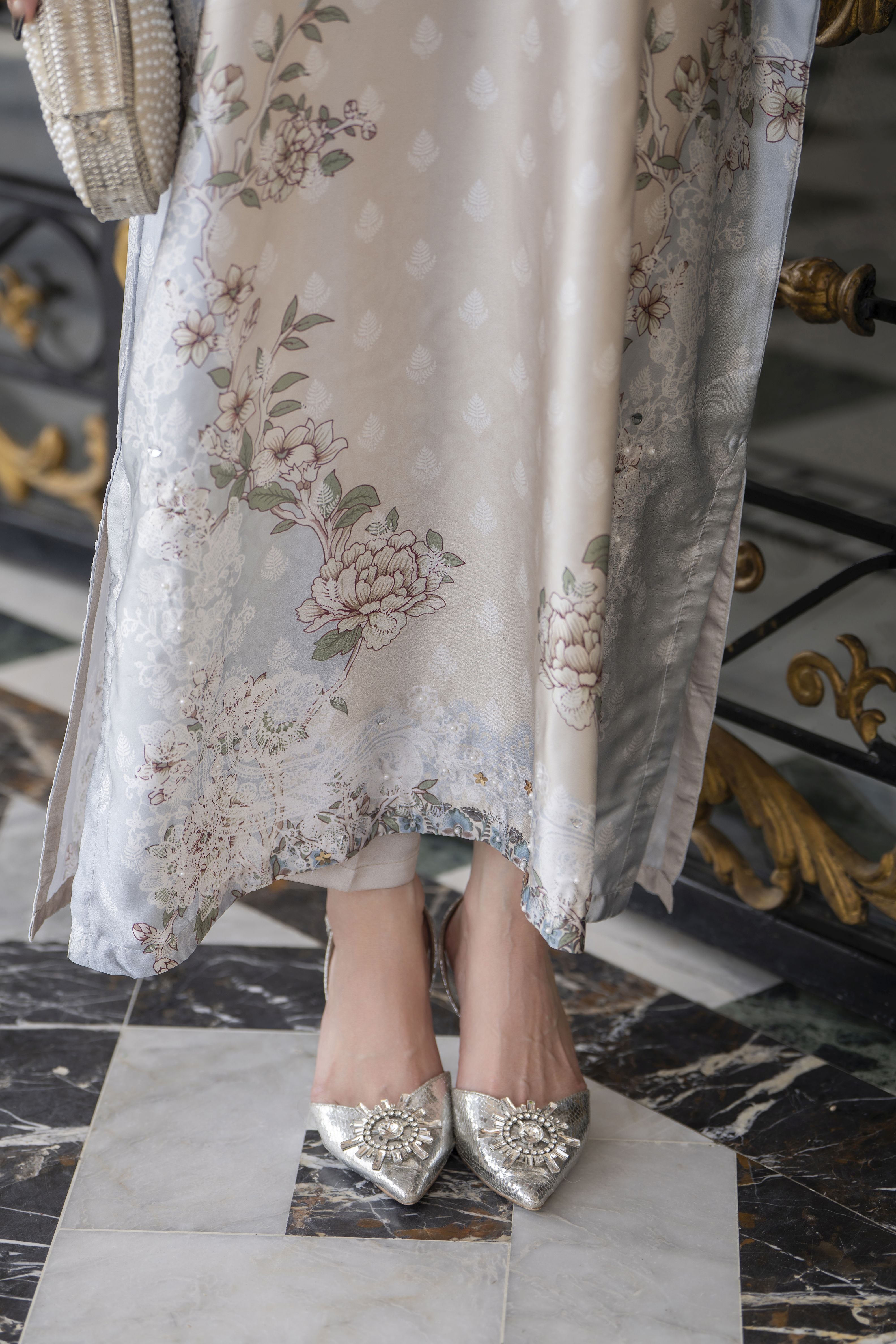 Sakeena 2pc Printed Charmeuse Handworked Kaftan – Yusra – CS7