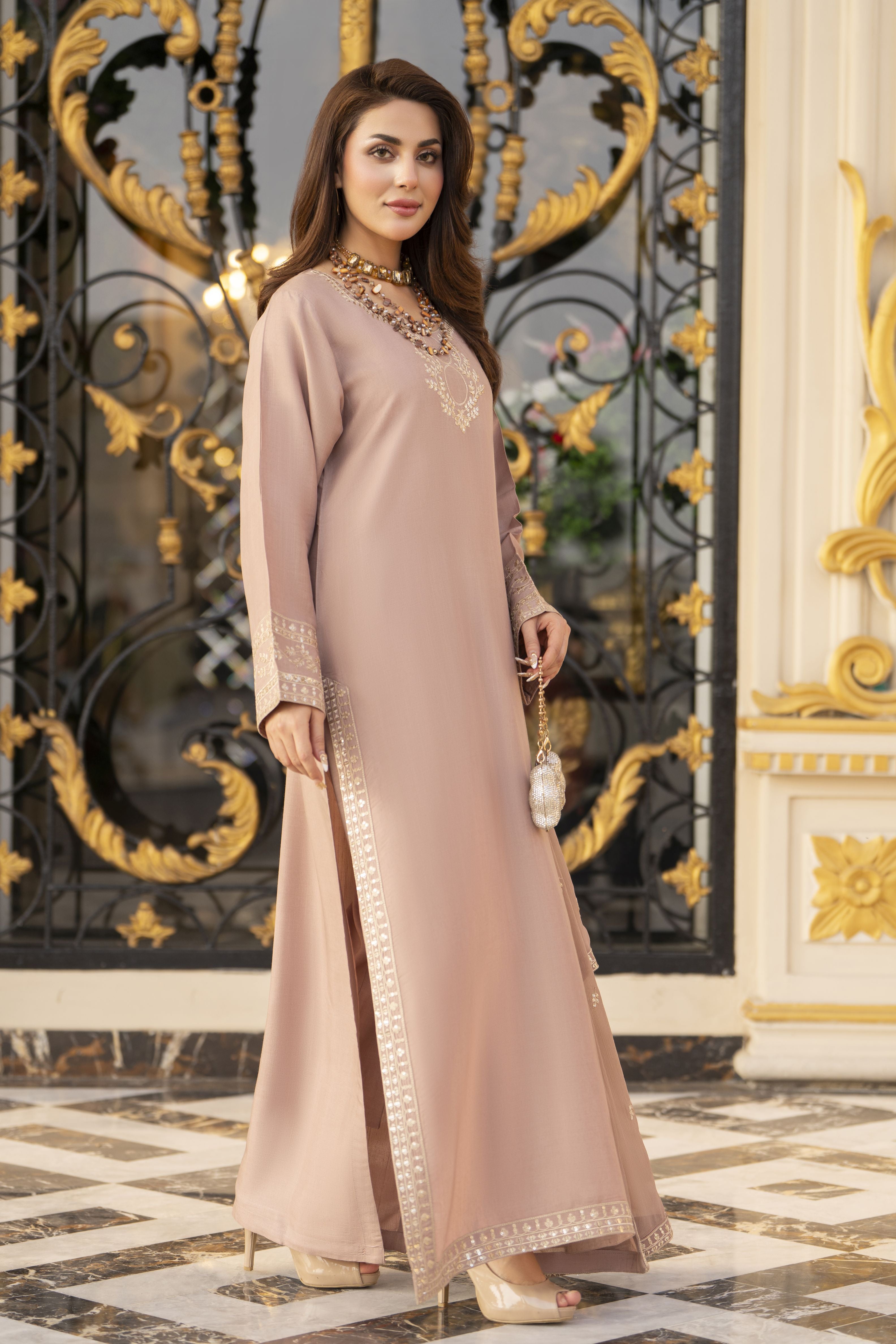 Reshmi RA4 Nude Embroidered 3pc Raw Silk Suit with Chiffon Dupatta