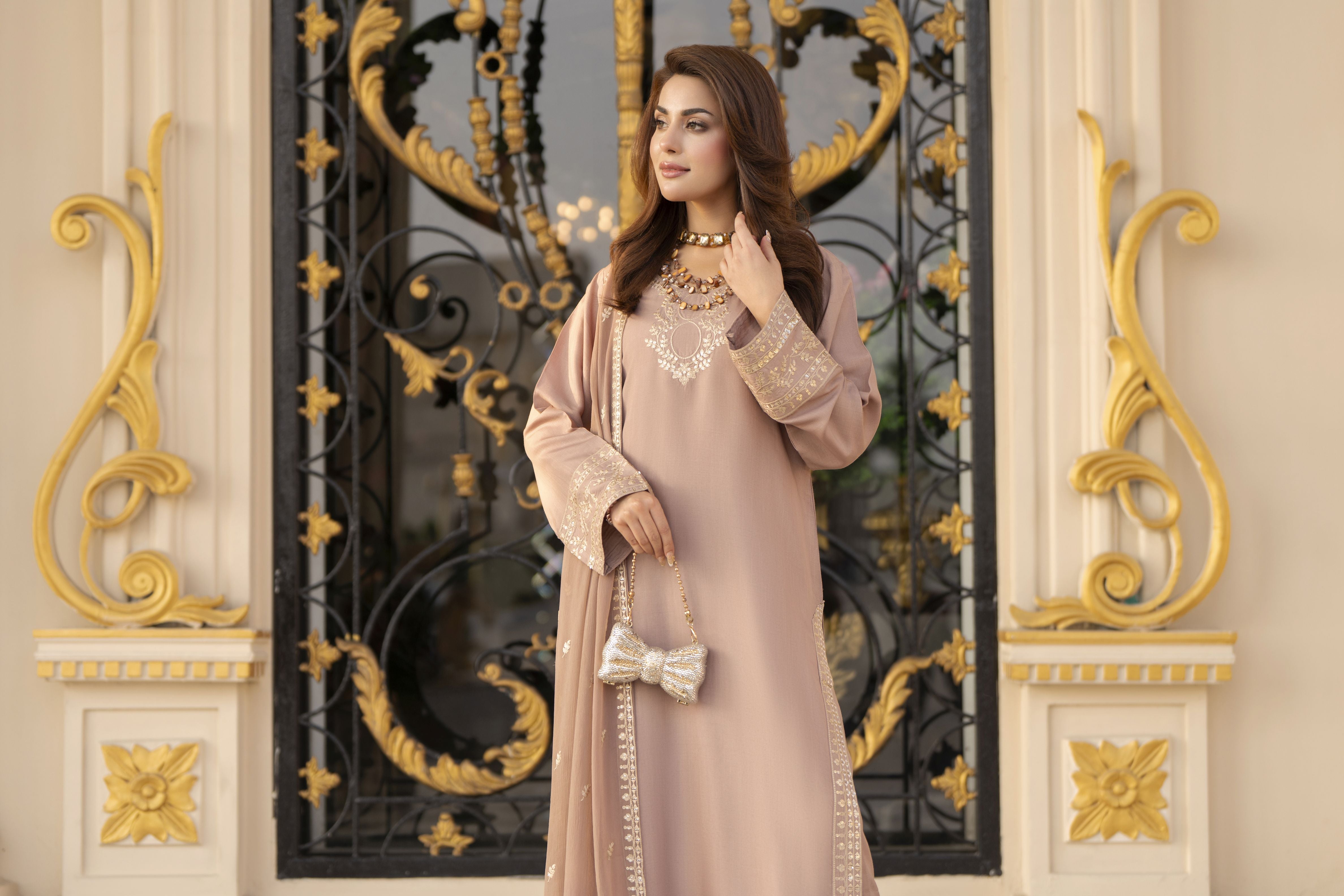 Reshmi RA4 Nude Embroidered 3pc Raw Silk Suit with Chiffon Dupatta