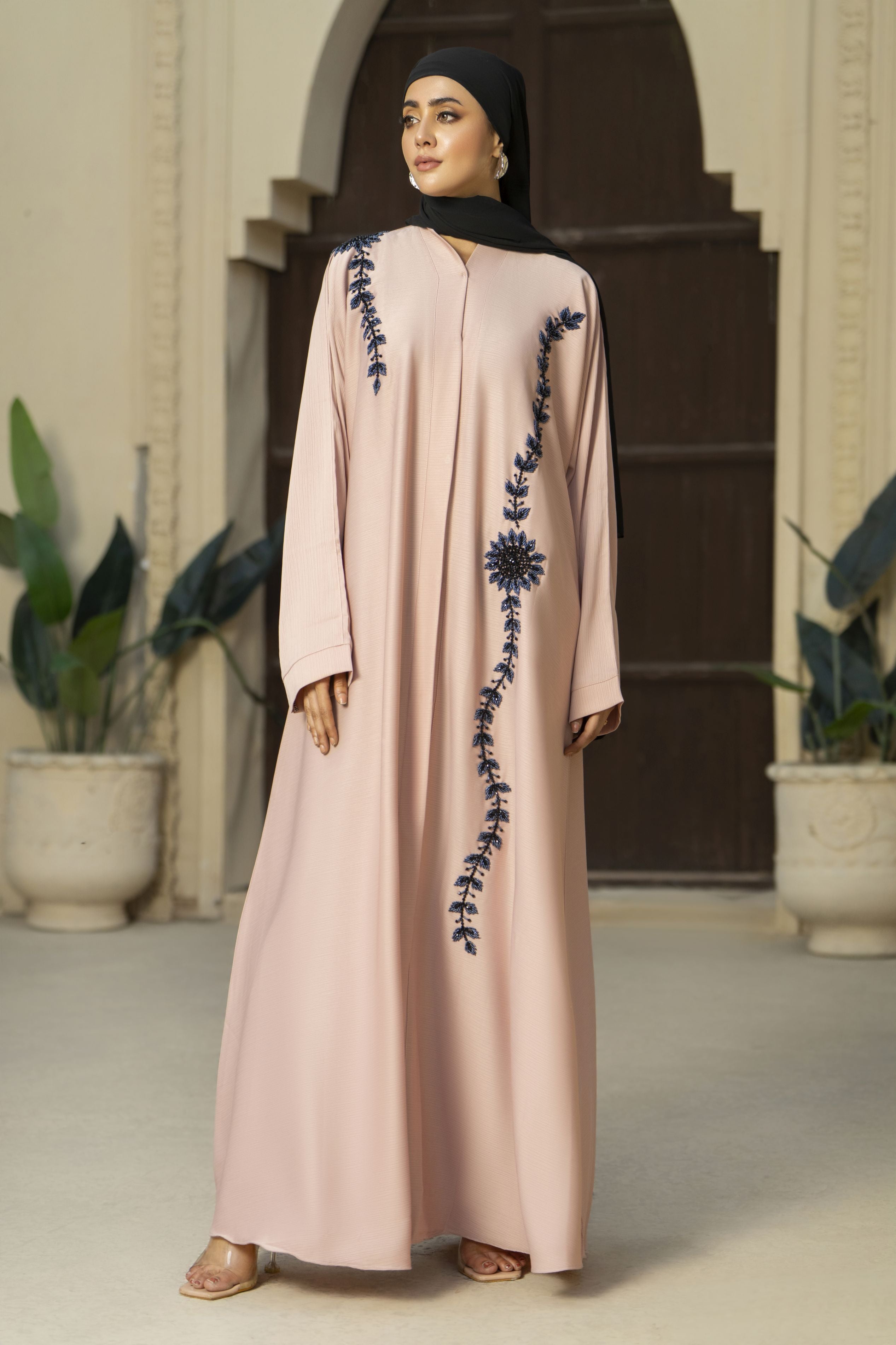Blush Pink Nida Abaya with Navy Handwork – Zaina Luxe Drapes Collection ZLD5