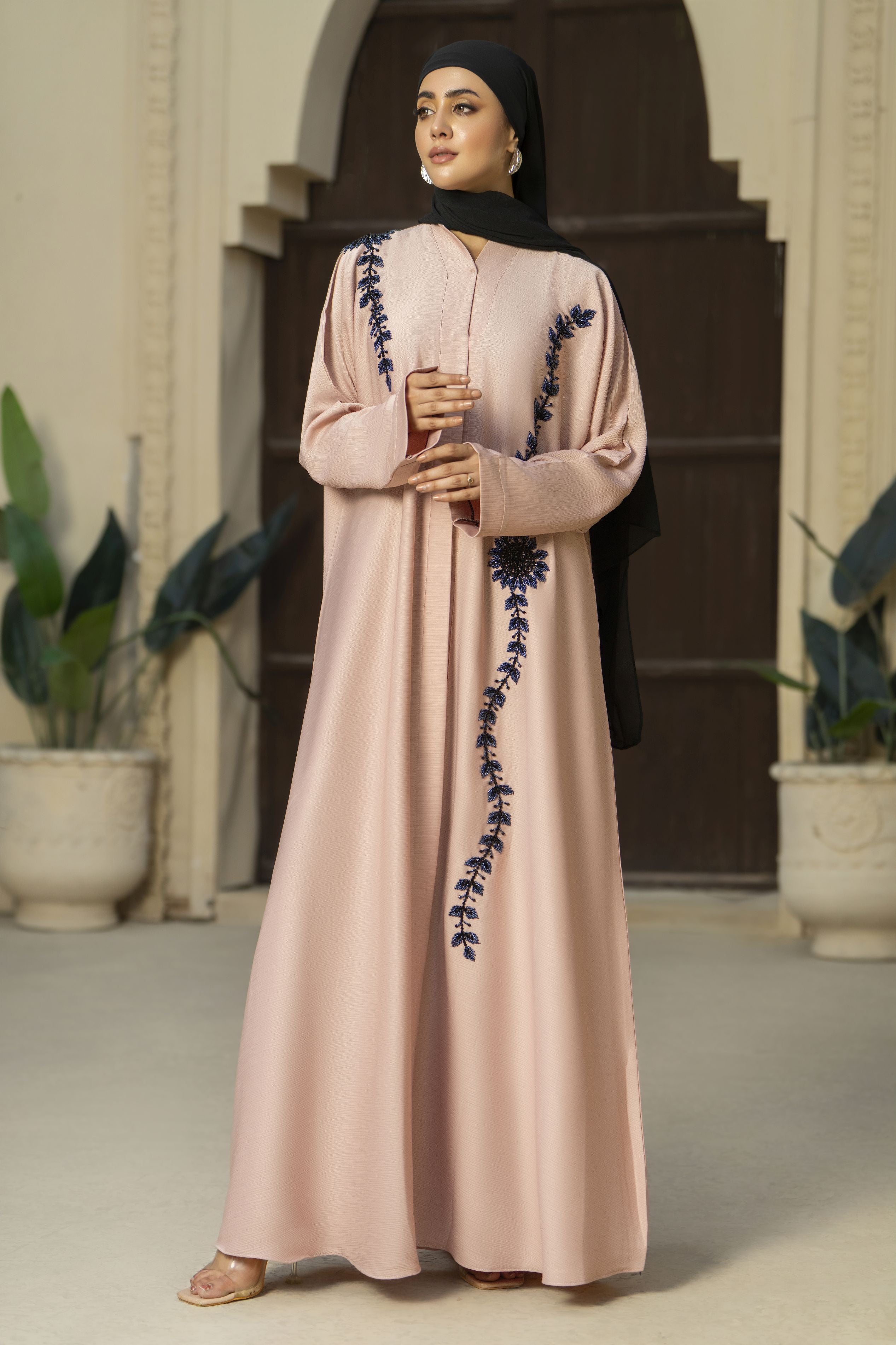 Blush Pink Nida Abaya with Navy Handwork – Zaina Luxe Drapes Collection ZLD5